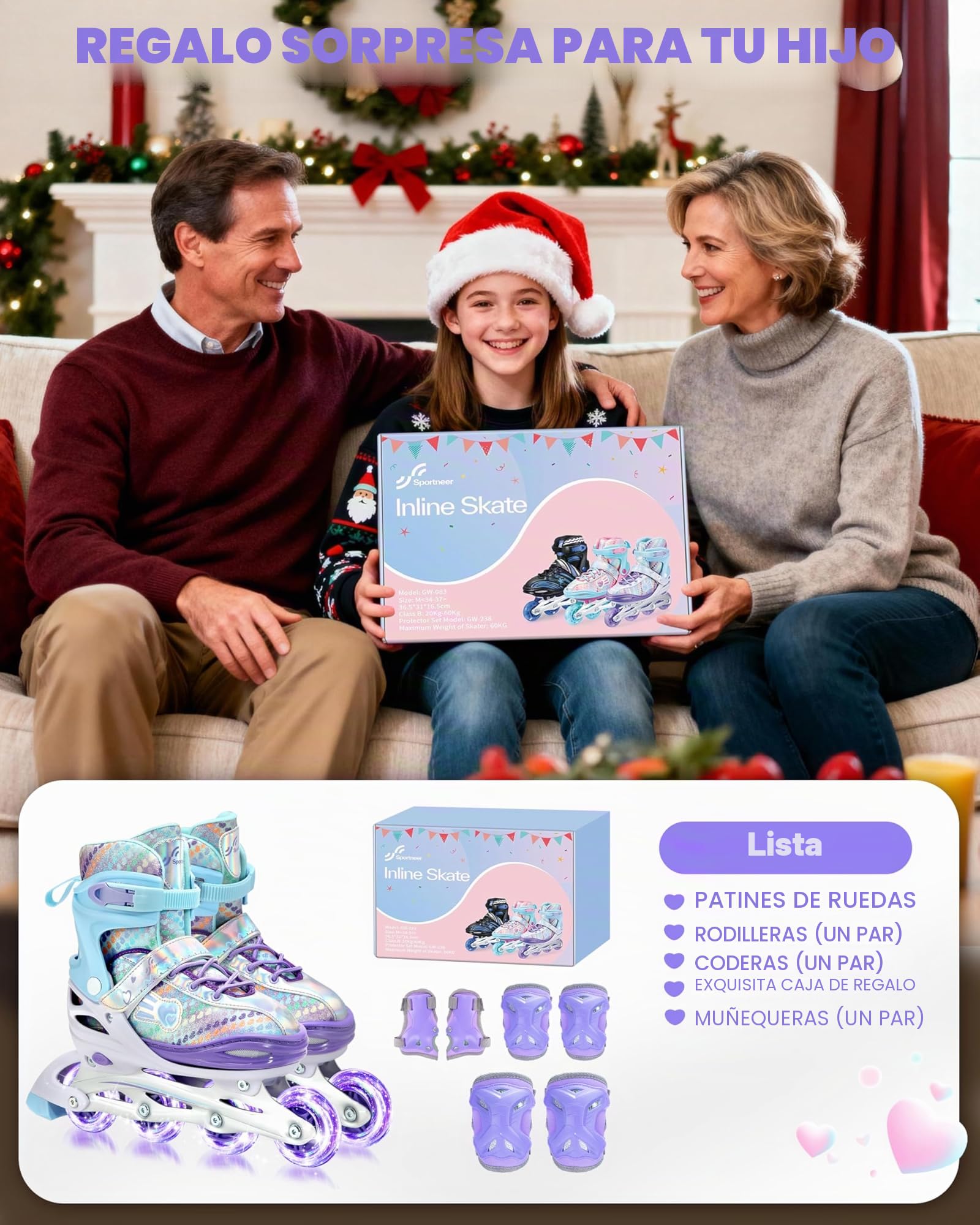 Patines en línea para niños 30 – 41 Ajustables, Sportneer con 6 Protectores, Juego de 8 ledes, Serie arcoíris