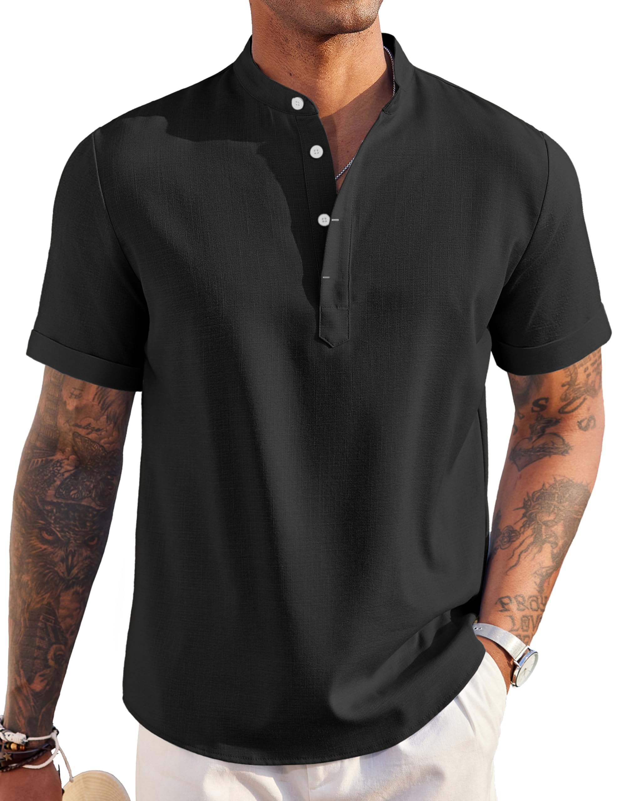 Men's Linen Henley Shirt Short Sleeve Casual Summer Beach Hippie T Shirts