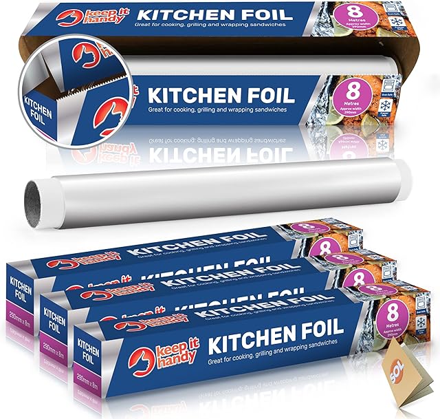 4pk Tin Foil Roll | 32M Aluminium Kitchen Foil Roll 8M x 29cm| Non-Stick Aluminium Foil for Wrapping, Grilling & BBQ | Tinfoil Roll Dispenser & Cutter | Silver Foil Kitchen Cooking Foil + SOL Notebook