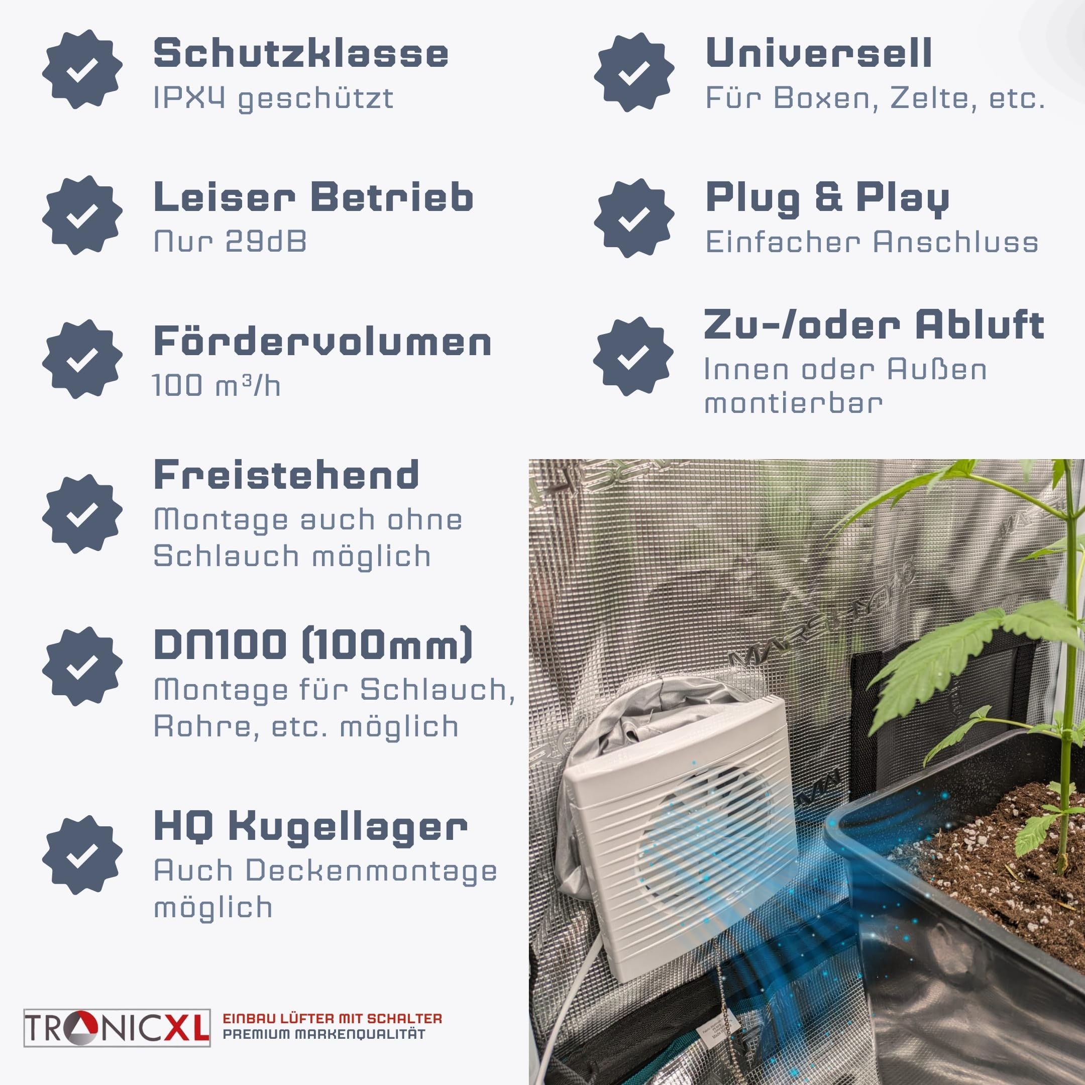 TronicXL IPX4 100mm Abluft/Zuluft Grow Lüfter Ventilator mit Netzstecker und Schalter für Homebox Growbox Growschrank Secret Jardin GrowPro DiamondBox Zelsius Mars Hydro etc.