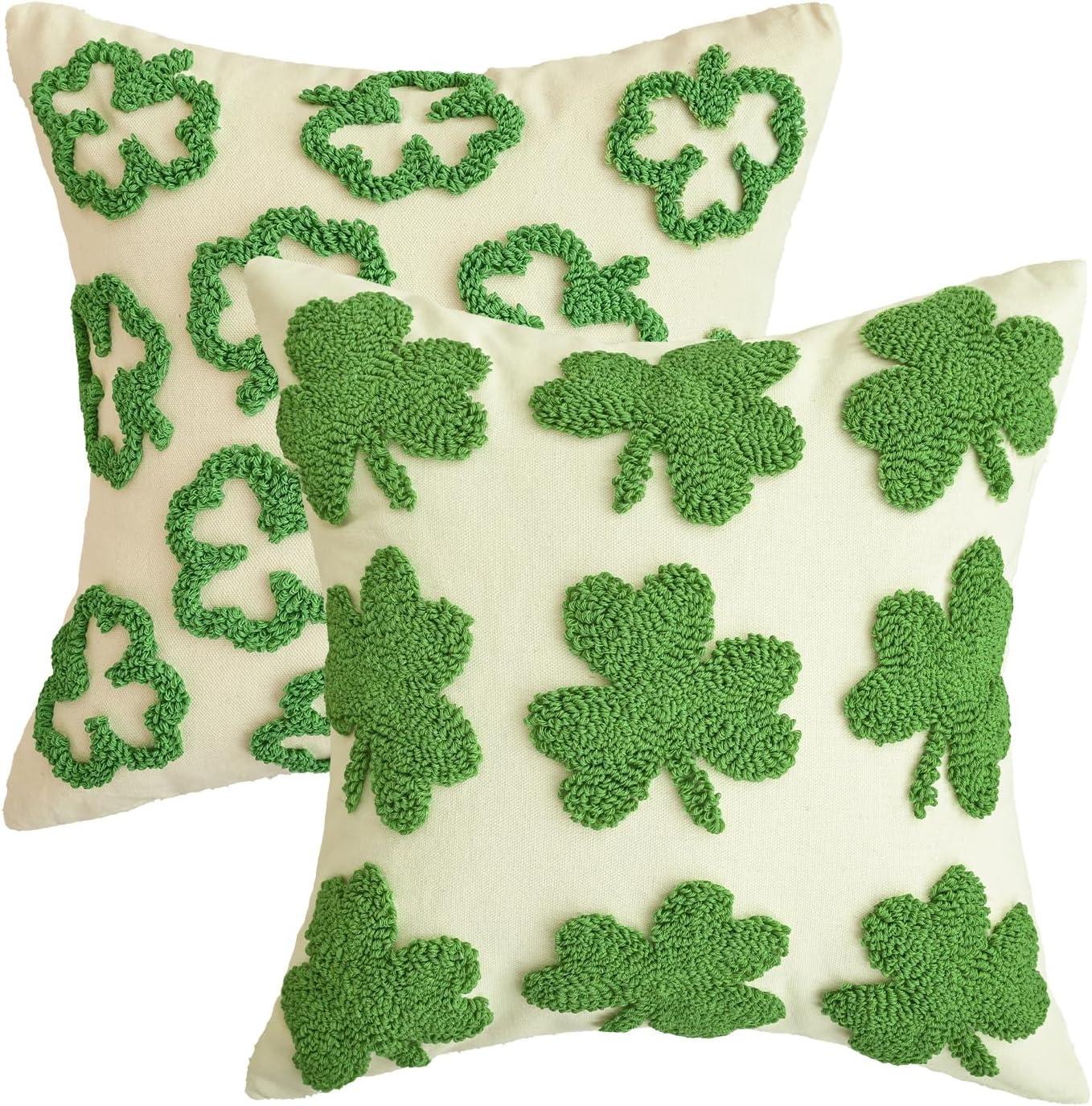 AVOIN colorlife St Patricks Day Shamrock Throw Pillow Covers Set of 2, 18 x 18 Inch Loop Pile Lucky Clover Decoration Sage Green Spring Soft Plush Pillow Case for Bedroom Sofa Couch