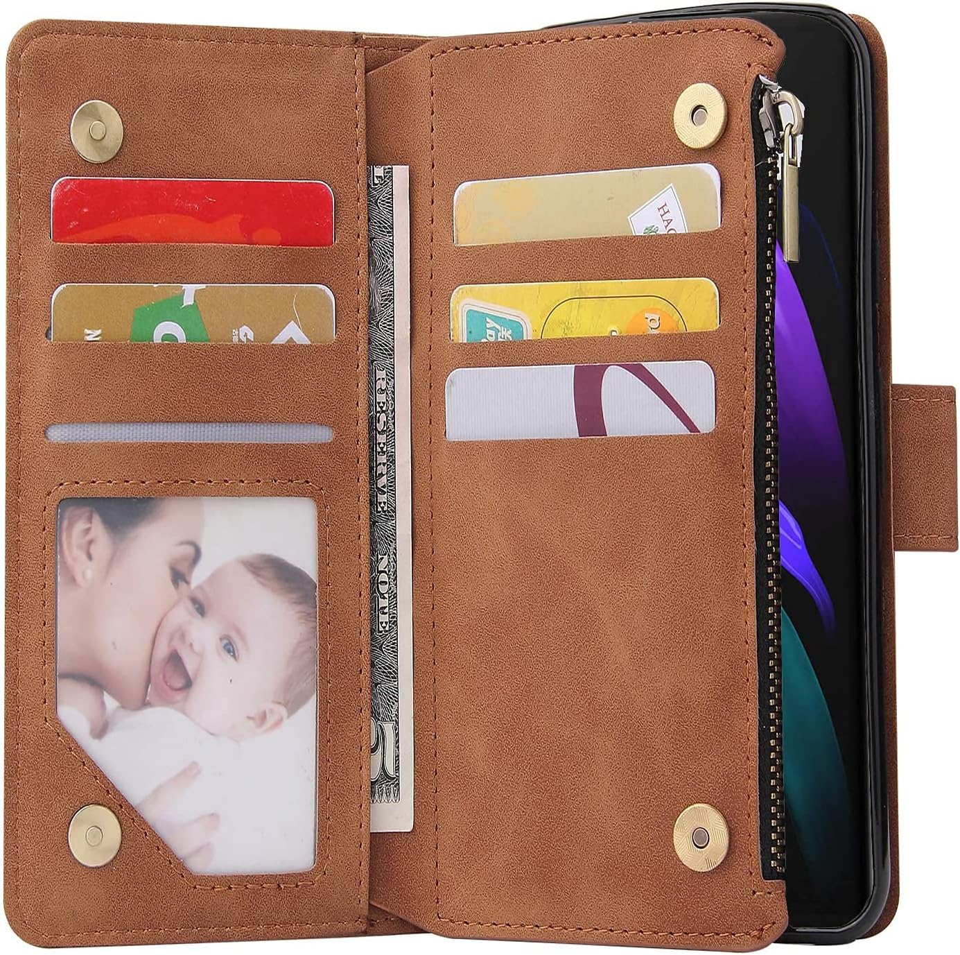 LBYZCASE Phone Case for Galaxy Z Fold 3 5G(2021),Galaxy Z Fold 3 Wallet Case,Luxury Folio Flip Leather Cover[Zipper Pocket][Wrist Strap][Kickstand] for Samsung Galaxy Z Fold 3 5G (Brown)