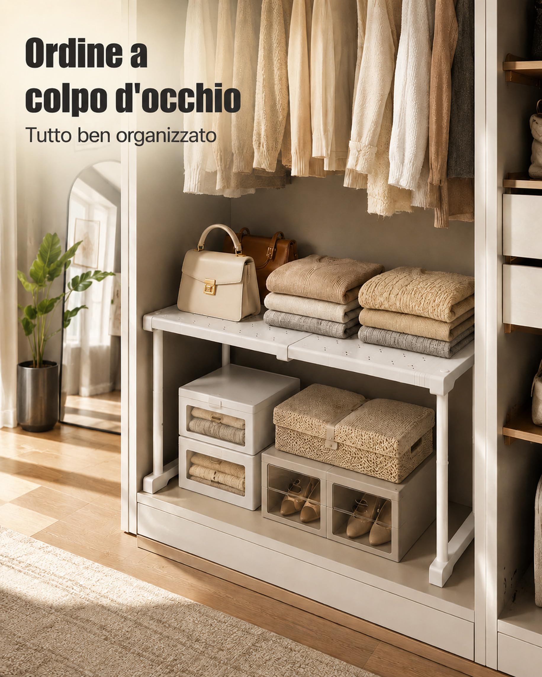 Armadio espandibile, impilabile, scaffale portaoggetti regolabile in altezza, bianco, organizer regolabile, lunghezza 47-68 cm, robusto scaffale per cucina, bagno, dispensa