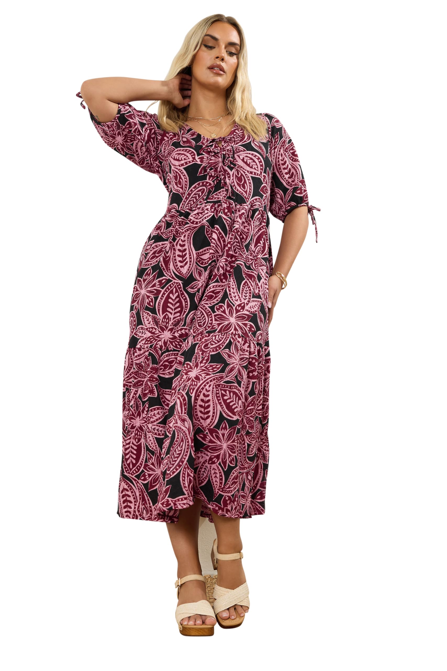 Yours Women's Pink Curve Paisley Bow Tie Detail Maxi Dress - Plus Size Curve