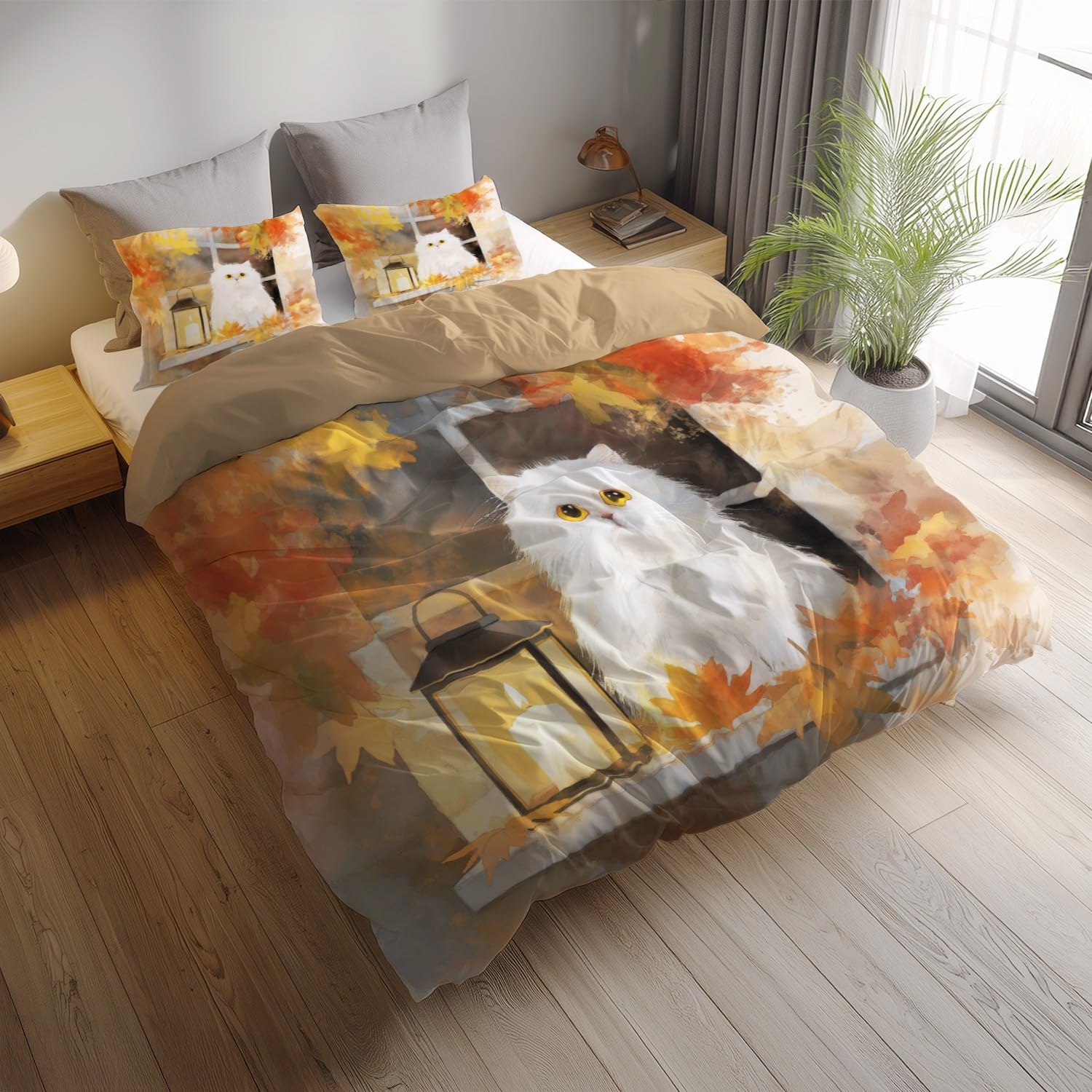Pościel 200 x 200 cm, klasyczna pościel w stylu vintage, zwierzęta, kot, dwustronna, poszewka na kołdrę 200 x 200 cm, 3-częściowa pościel dziecięca z poszewką na poduszkę 80 x 80 cm i z zamkiem