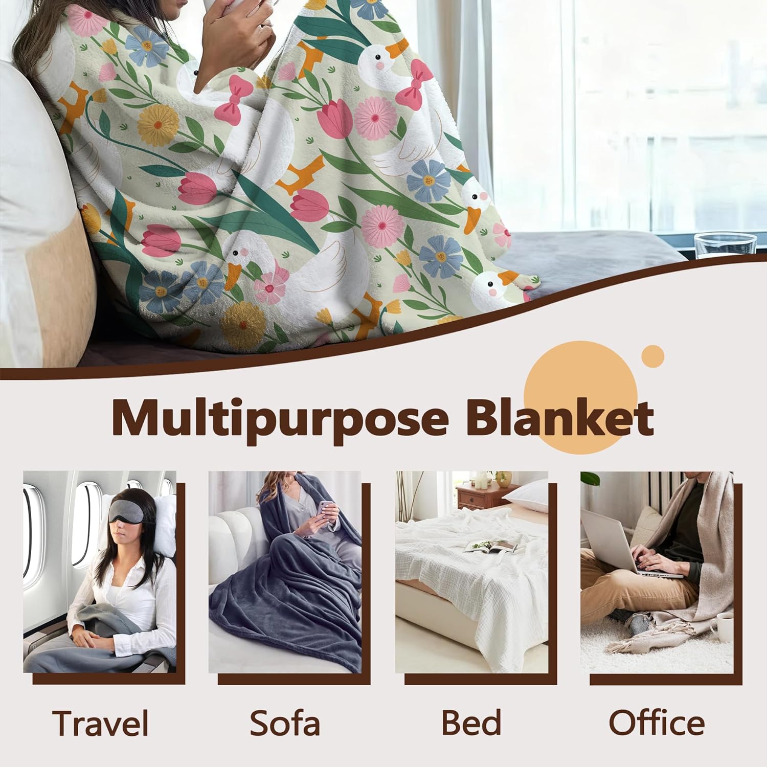 Cute Goose Sofa Throw Blankets,Pink Flowers Soft Cozy Fuzzy Lightweight Travel Blanket,Flannel Fleece Fall Throw Blanket for Couch,Bed,Camping,Movie Nights,Watching TV 50 X 60 Inch - Image 4