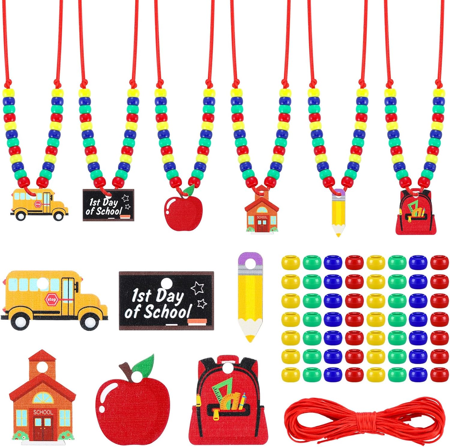 Equsion 24 Sets Back to School Bead Necklace Crafts Kit Welcome First Day of School Craft Gifts for Kids Apple Bus Shape Beads DIY Necklace Supplies Party Favor