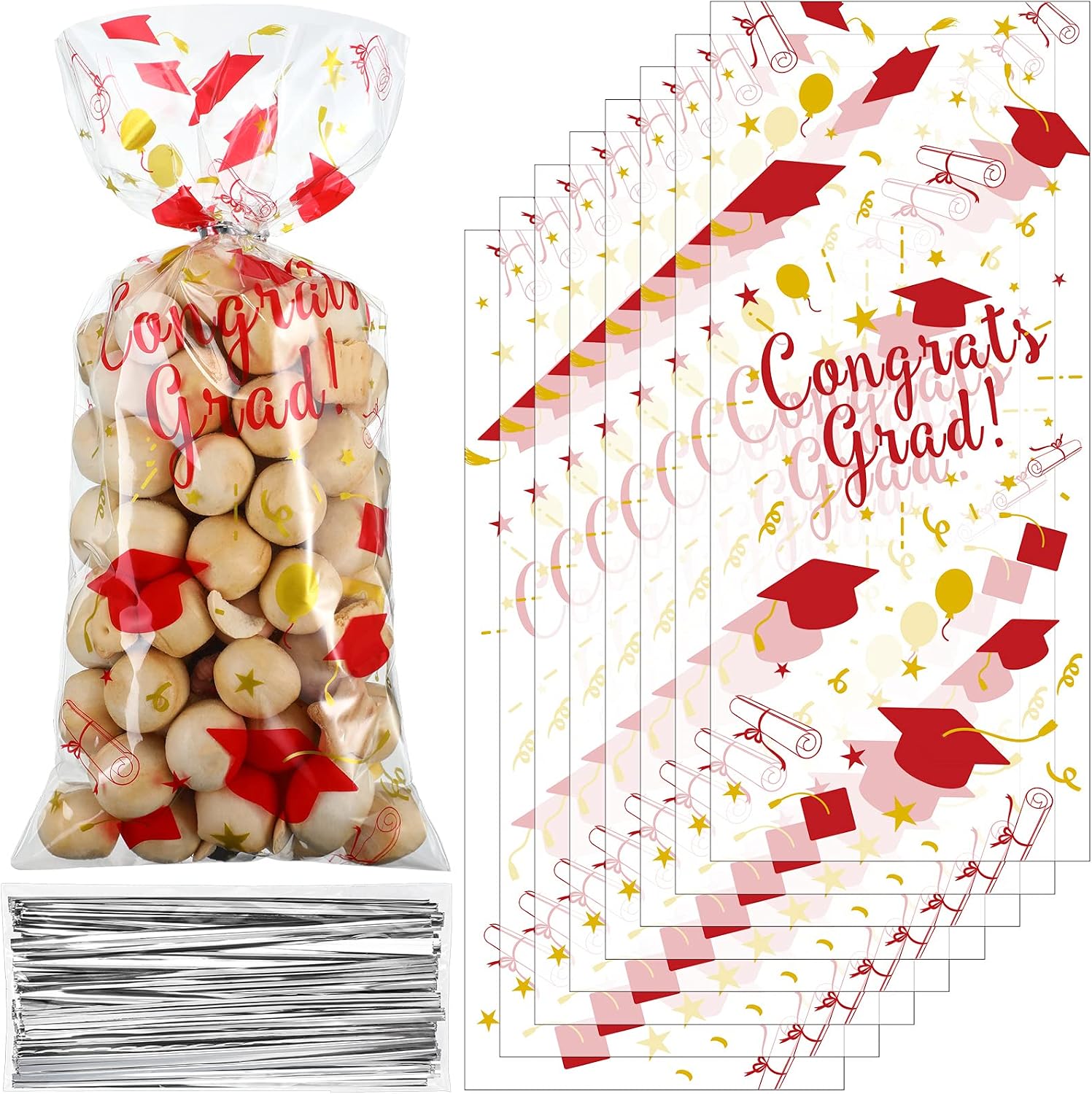 Blulu 100 Pieces Graduation Cellophane Treat Bags Congrats Graduates Candy Plastic Goodie Wrapping Gift Bags with 100 Silver Twist Ties for Grad Party Supplies(Red Gold)