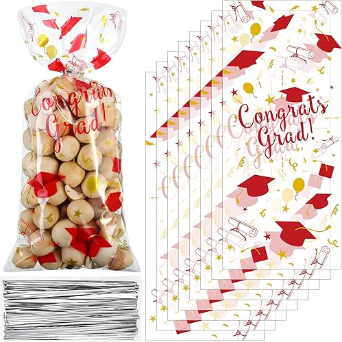 Blulu 100 bolsas de celofán de graduación, felicitaciones para graduados, bolsas de regalo de plástico con 100 lazos giratorios plateados para