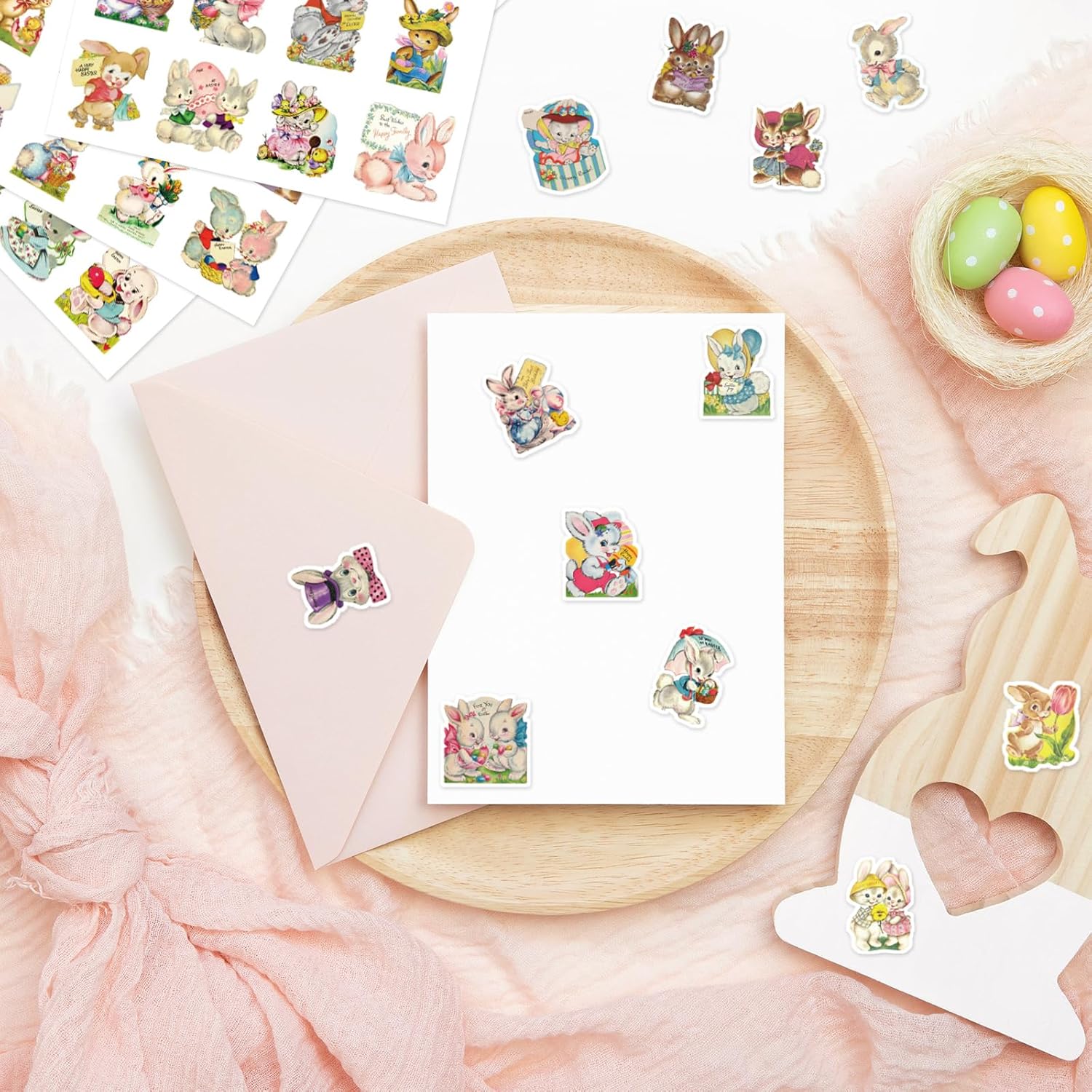 JarThenaAMCS 600 Pcs Vintage Easter Stickers Sheets Bunny Paper Decals Assorted Retro Rabbit Self Adhesive Decorative Stickers for Envelope Journal Decor Party Supplies