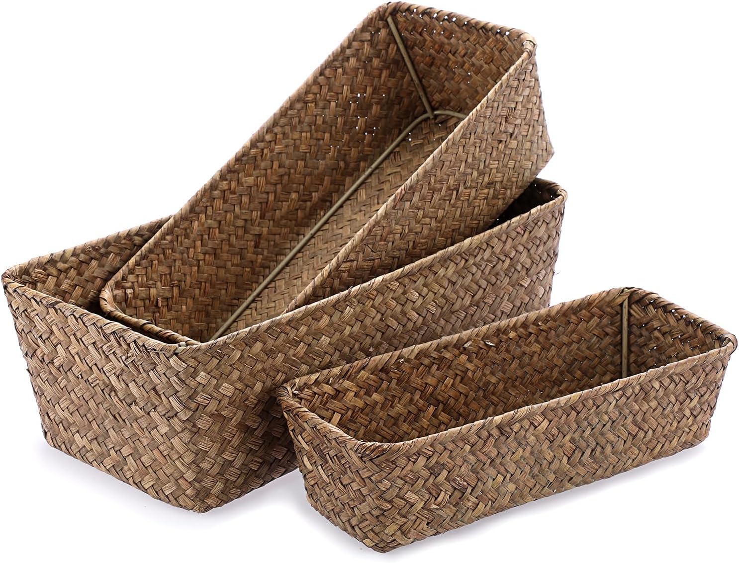3 Natural Wicker Basket Set Rectangular Handwoven Seagrass Basket Storage Bins Home Organizer Bins - Household Basket Box for Shelf Wardrobe Desktop Home Decor (Coffee)