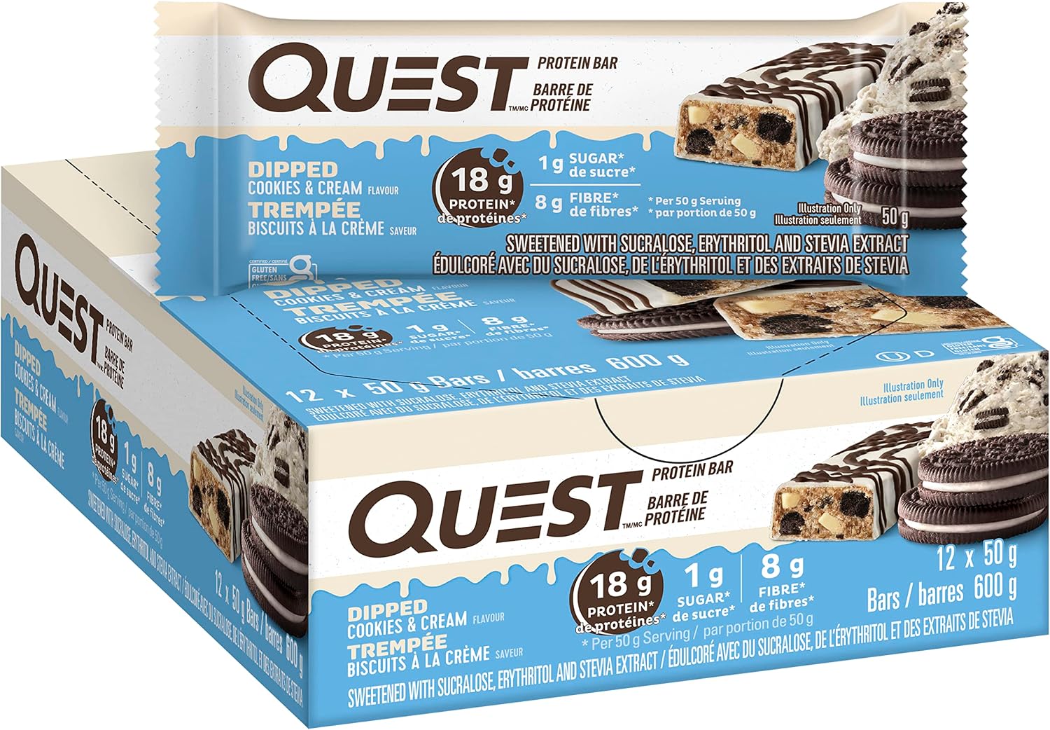 Quest Nutrition Dipped Bar Cookies & Cream, High Protein, High Fibre ...