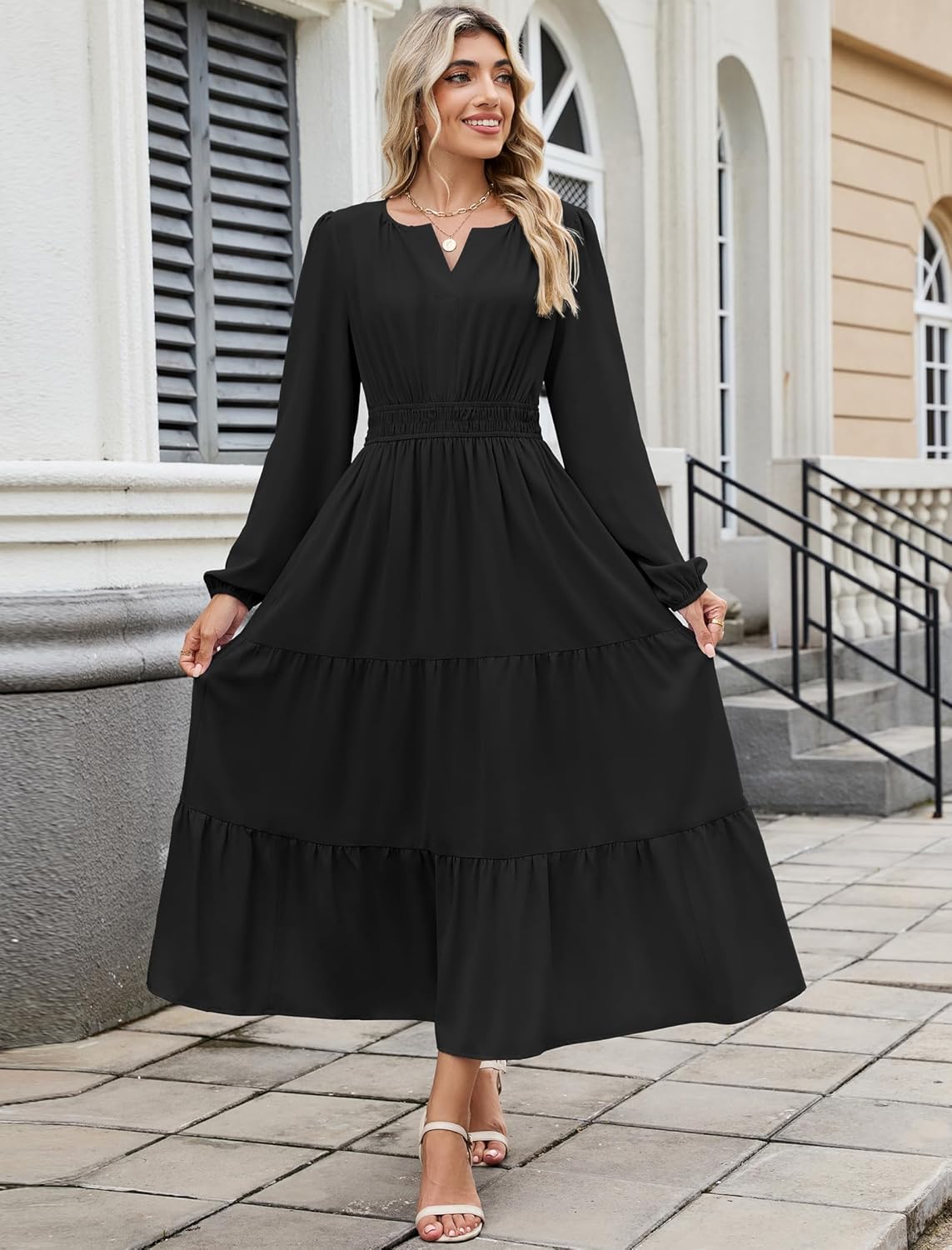 ZAFUL Womens Fall Maxi Dresses 2025 Puff Long Sleeve V Neck High Waist A Line Long Flowy Tiered Wedding Guest Dress Pockets - Image 4