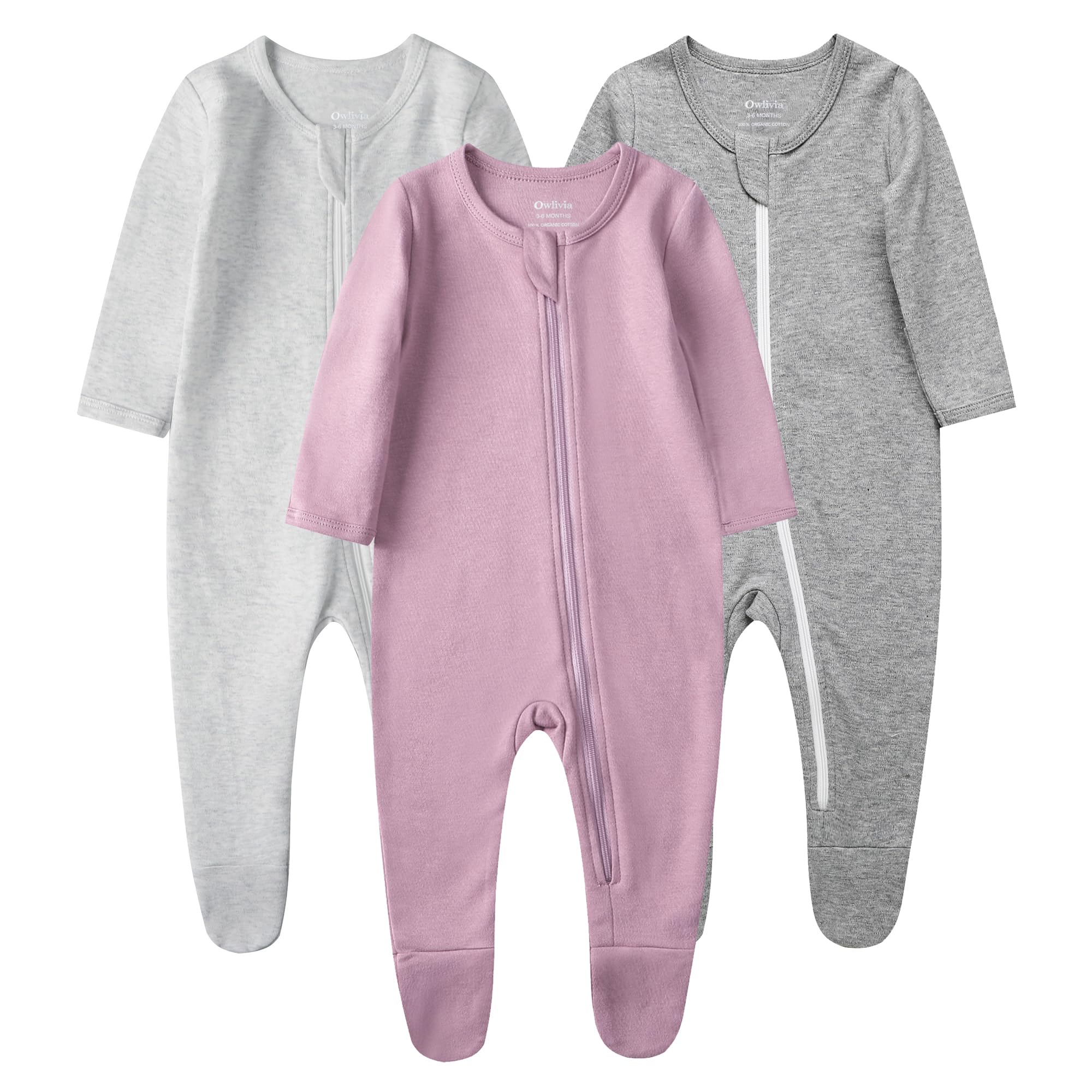 Owlivia Organic Cotton Baby Pajamas, Boys Girls 3-Pack Zip Front Sleep 'N Play, Footed Sleeper, Long Sleeve