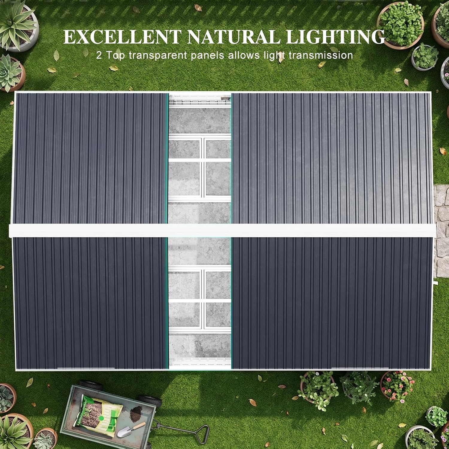10x16 FT Metal Outdoor Storage Shed with Floor Base & Skylight Panels, Heavy-Duty Galvanized Steel Garden Shed with Windows & Lockable Doors, Reinforced Structure Shelter for Backyard & Patio, (Grey)