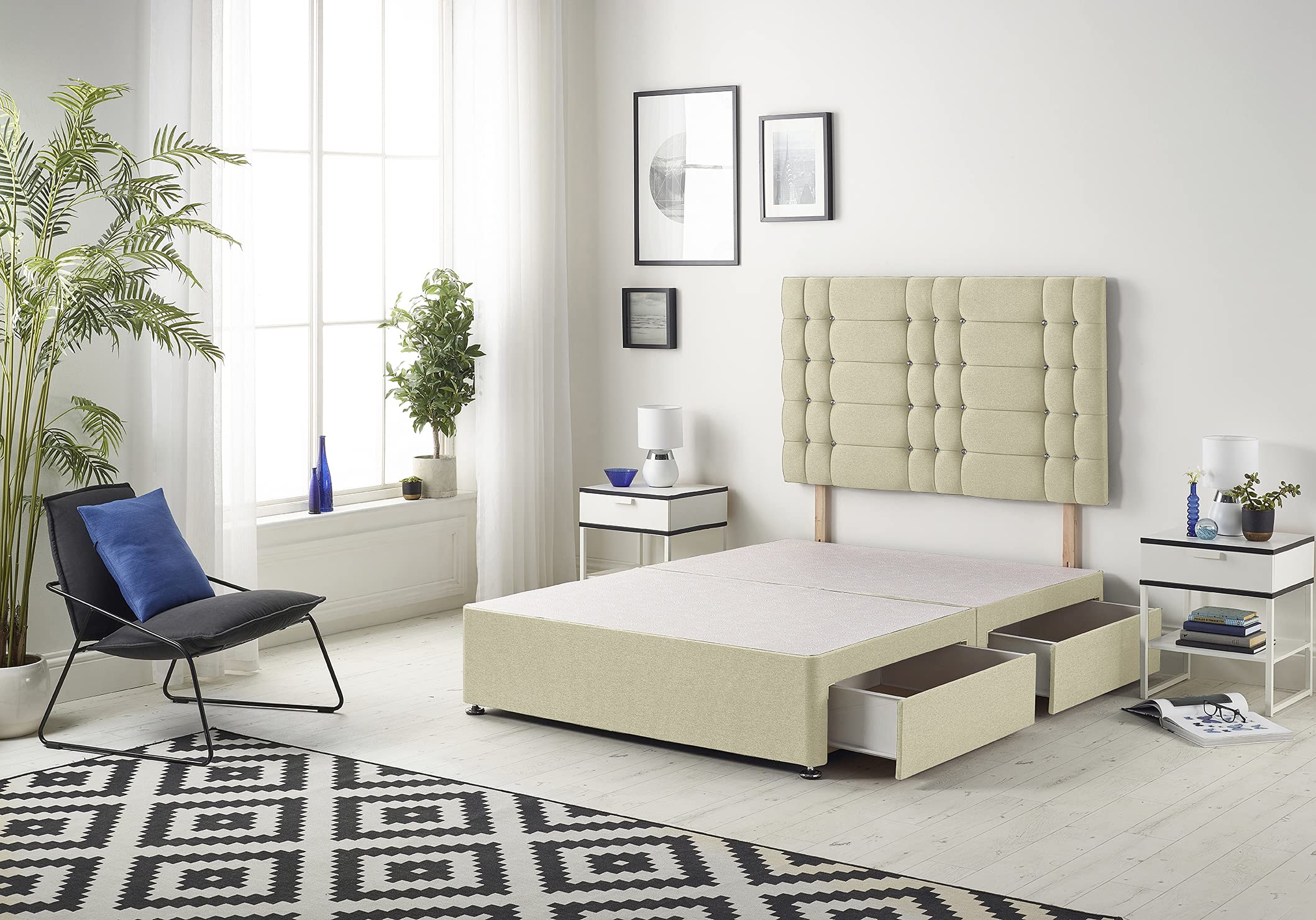 Bed Centre Bliss Divan Base with 2 Drawers and Matching 32" Headboard - Available in Multiple Fabrics and Colours (3FT Single, Linen Beige)