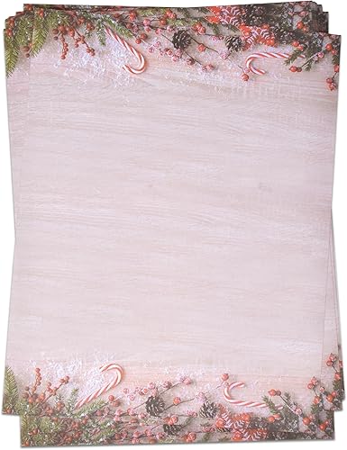 Miniatura 4 de Gift Boutique Hojas de papel de Navidad con membrete, paquete de 100 unidades, diseño rústico de bastón de caramelo para escribir cartas,