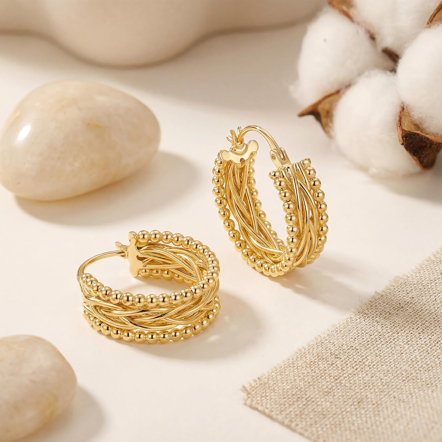 Gold Hoop Earrings for Women 14K Gold Hoop Earrings for Women 14K Gold Beads Hoops Earring for Womens Sculptural Twisted Design Womens Hoops Earring 23mm