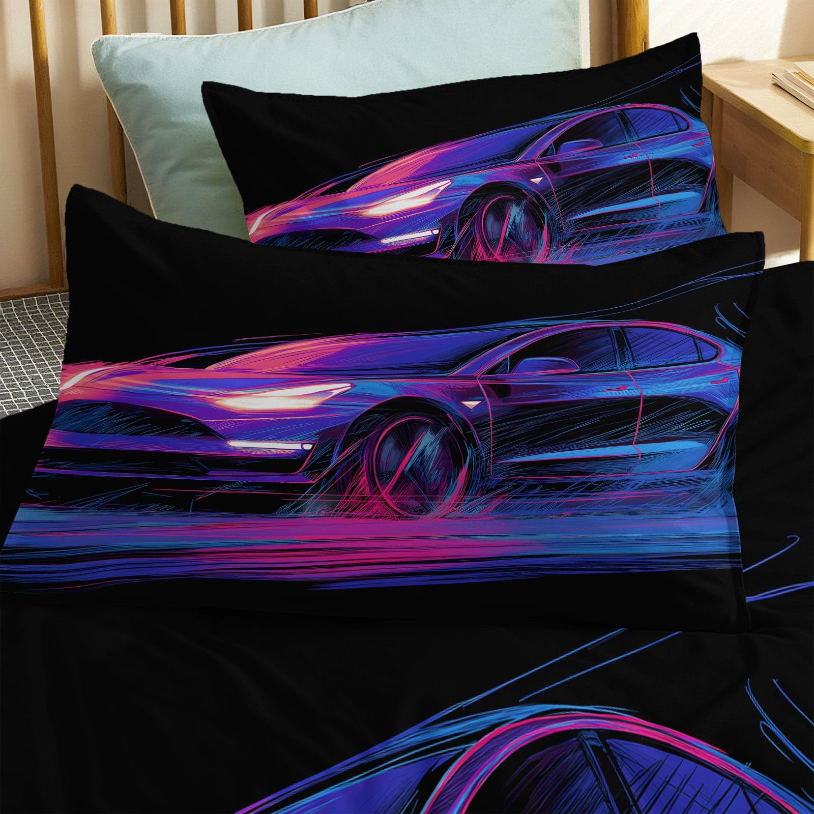 Generico Cartoon Neon Electric Car 3-częściowy zestaw poszewek na kołdrę 220 x 240 cm zestaw poszewek na kołdrę, czarny komplet pościeli z zamkiem błyskawicznym i poszewkami na poduszki z mikrofibry