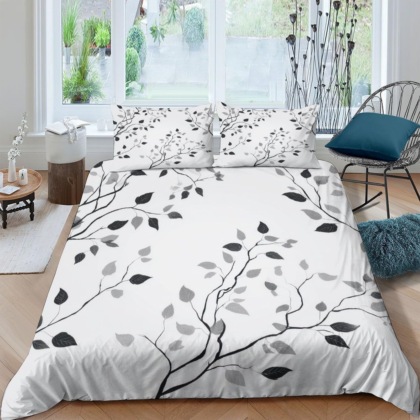 Ctjqhvkz Style-3 3D Printed Monochrome Branches Fitted Sheet Microfiber Soft Black Leaf Bed Cover For Bedroom Guest Room Decor Single（135X200cm）