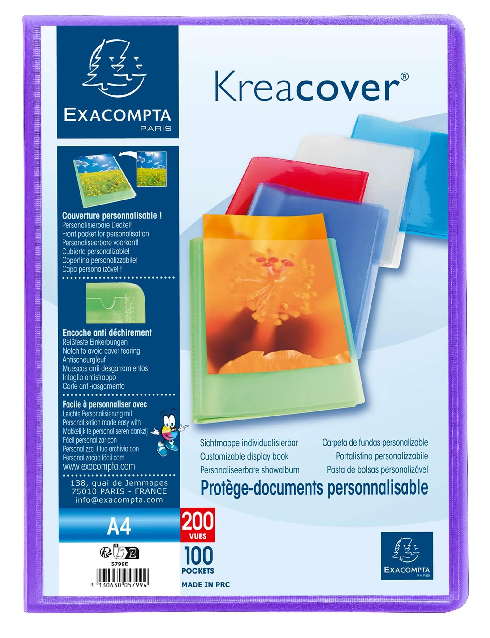 Exacompta 5799E 8er Pack Sichtmappe KreaCover aus Kunststoff DIN A4 mit 100 Klarsichthüllen, 200 Sichten, Tasche am Vorderdeckel zum selbstgestalten, Aktenhülle, Prospekthülle, farbig sortiert