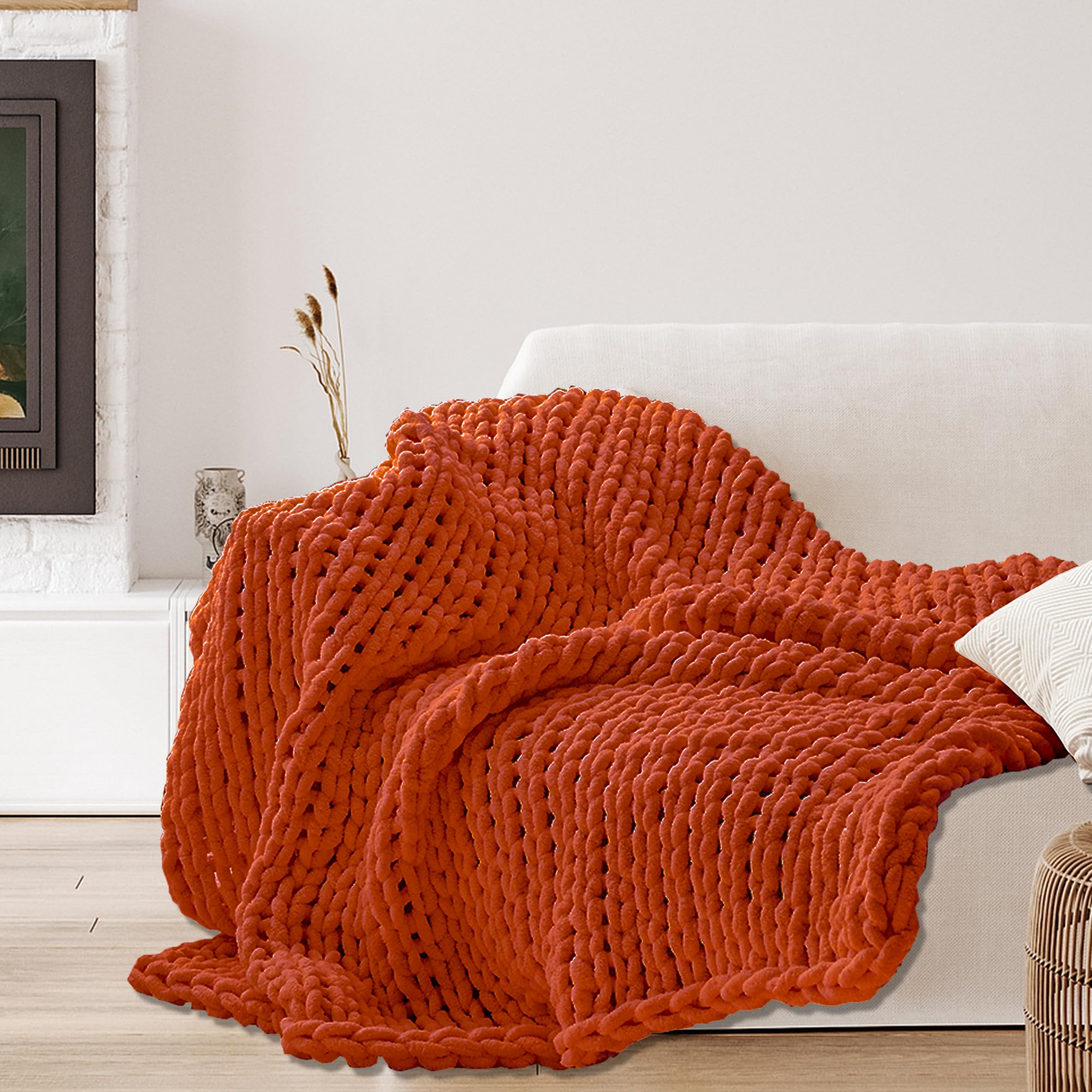 Grobstrick-Decke Aus Chenille-Garn – Handgefertigt, 101x127 Cm, Waschbar, Für Couch & Bett, Cremeweiß