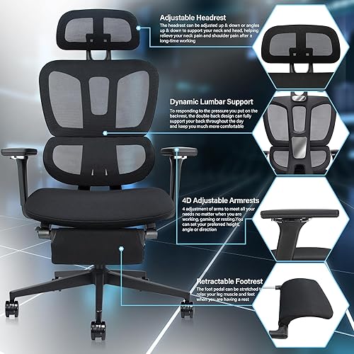 Miniatura 5 de Silla de oficina ergonómica con reposapiés, silla de oficina de computadora de respaldo alto con soporte lumbar dinámico, reposacabezas 2D,