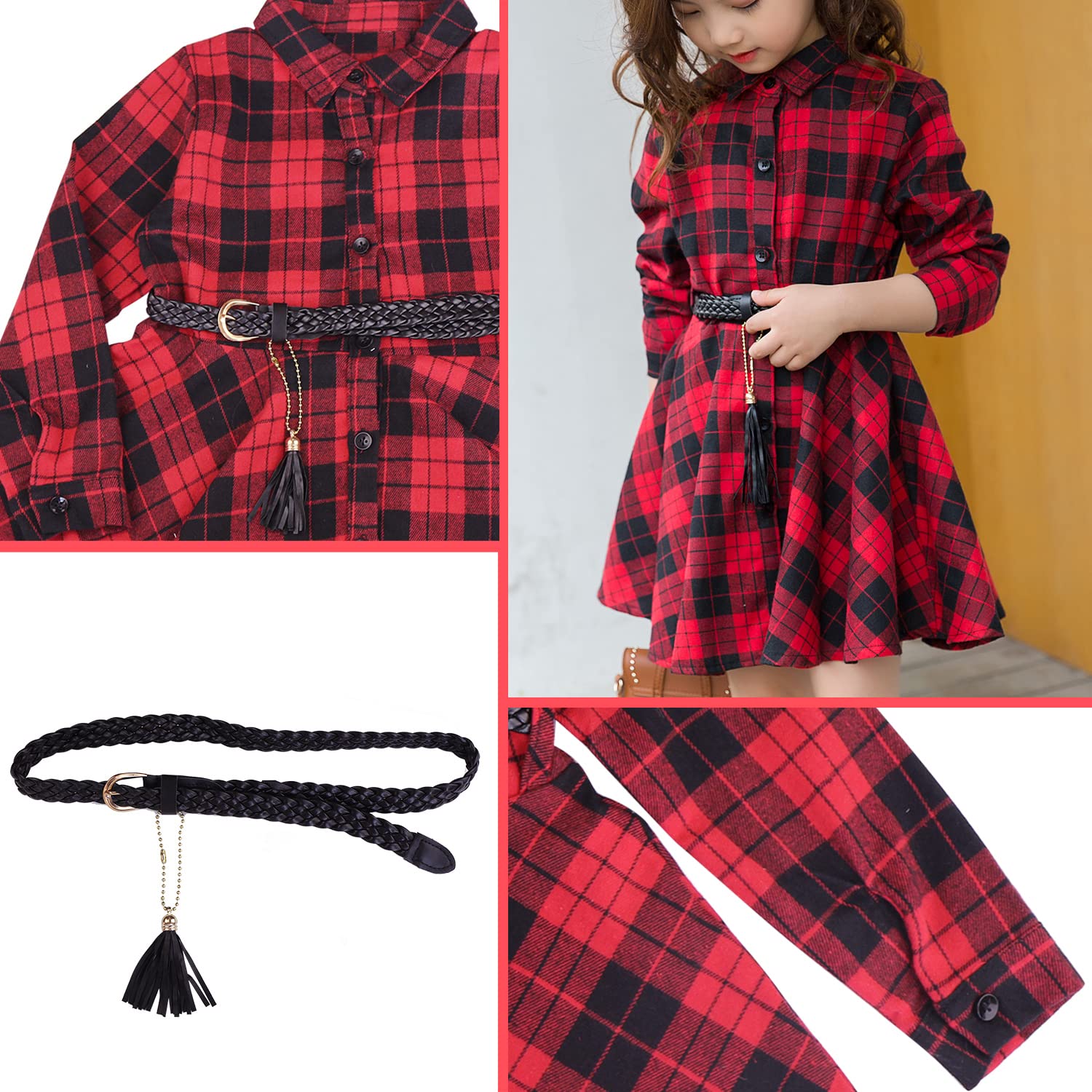 AGQT Blusas Vestido Bebita Traje de Navidad, Vestido de Camisa de Rayas Ropa Casual Manga Larga con cinturón, Talla de Camisa a Cuadros Buffalo Tamaño 3-11T