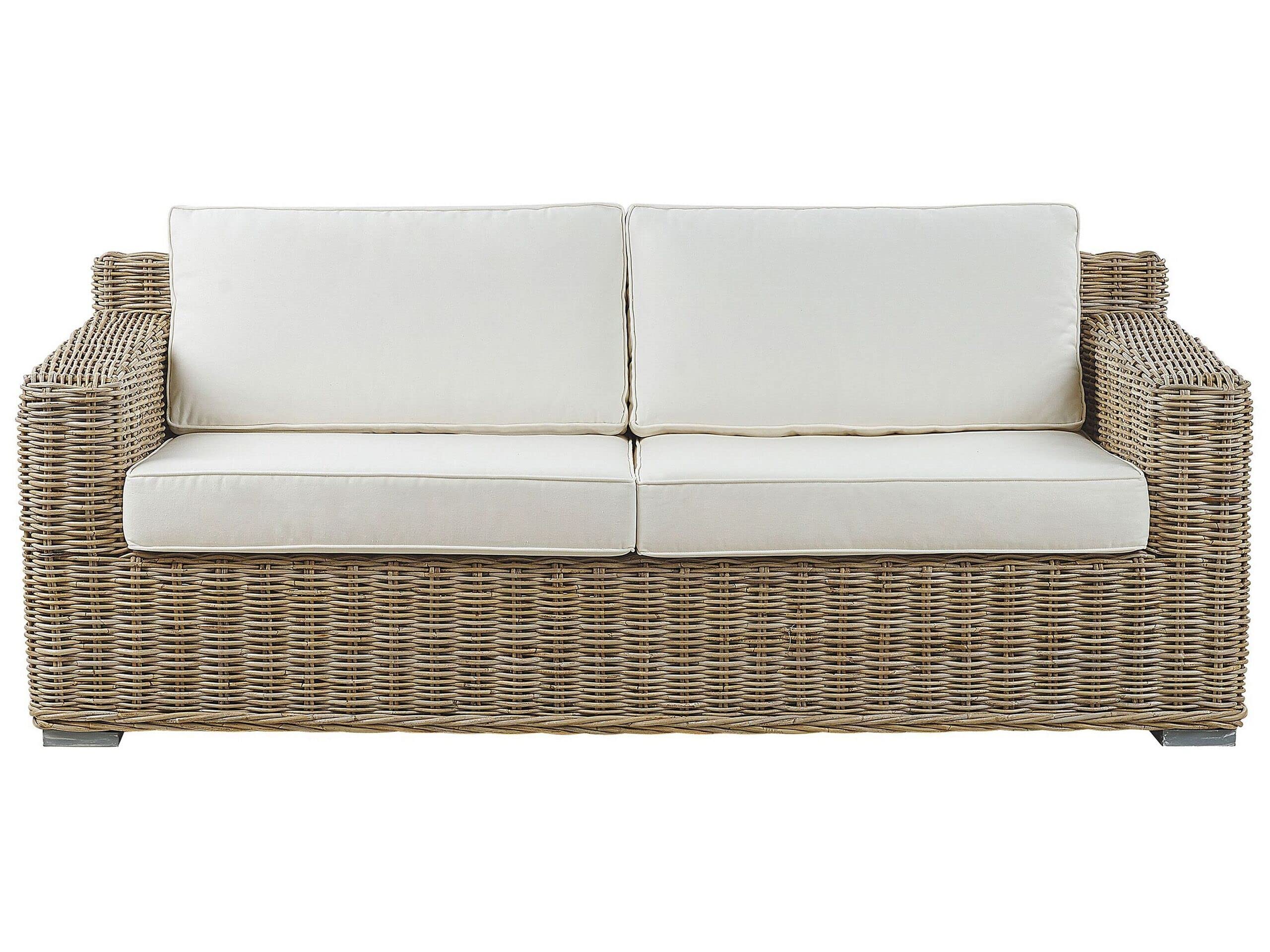 Beliani Klassisches Gartensofa Hellbraun mit Auflagen in Cremeweiß Rattan 2-Sitzer Ardea