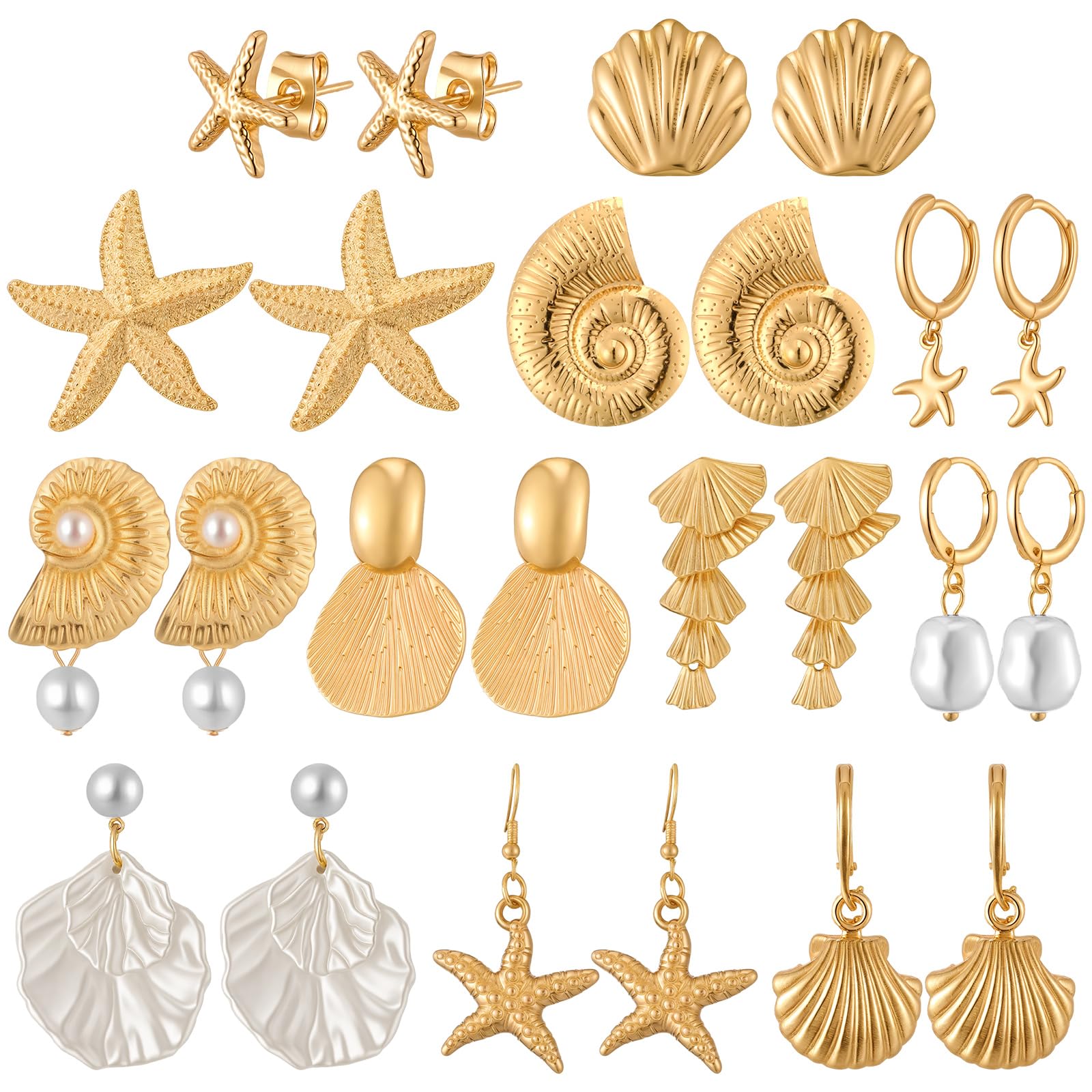 Tondiamo 12 Pairs Seashell Conch Starfish Stud Earring Ocean Themed Drop Dangle Earring for Women Nautical Beach Jewelry