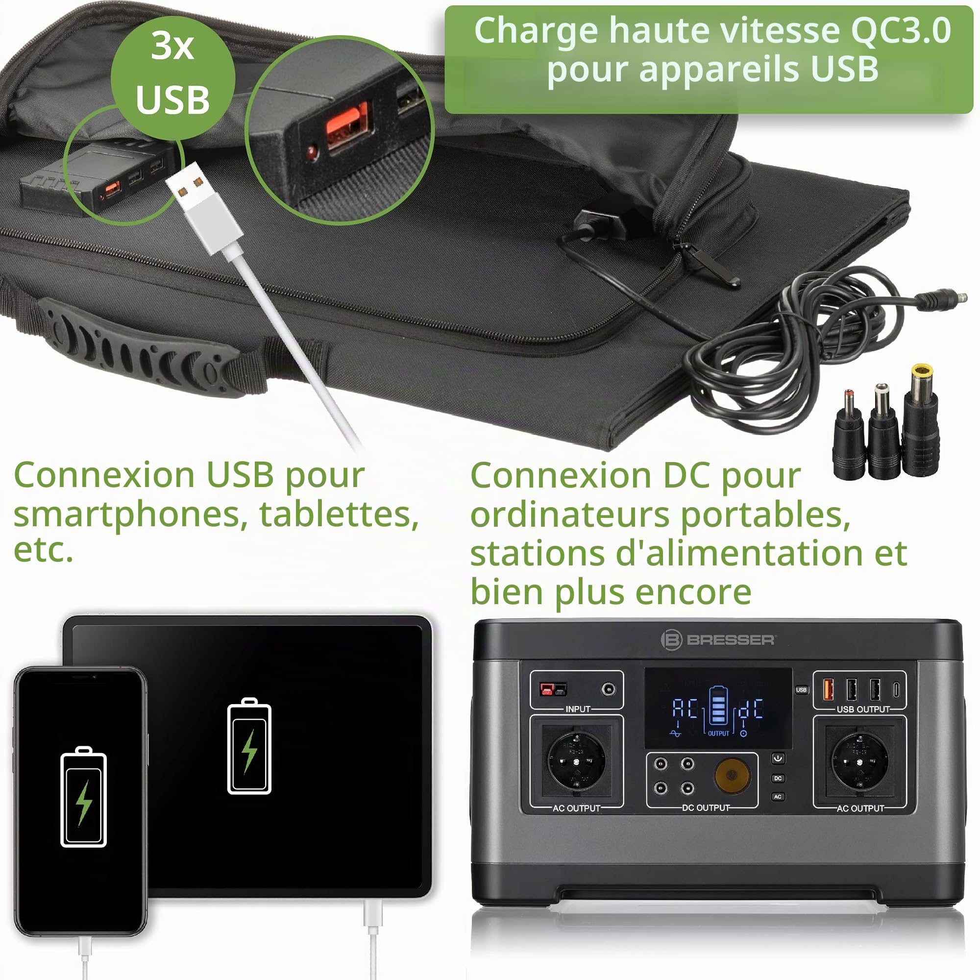 Bresser Chargeur Solaire Portable 90 W Pliable avec USB A et Sortie DC | Bresser chargeur solaire portable 90 W pliable avec USB A et sortie DC