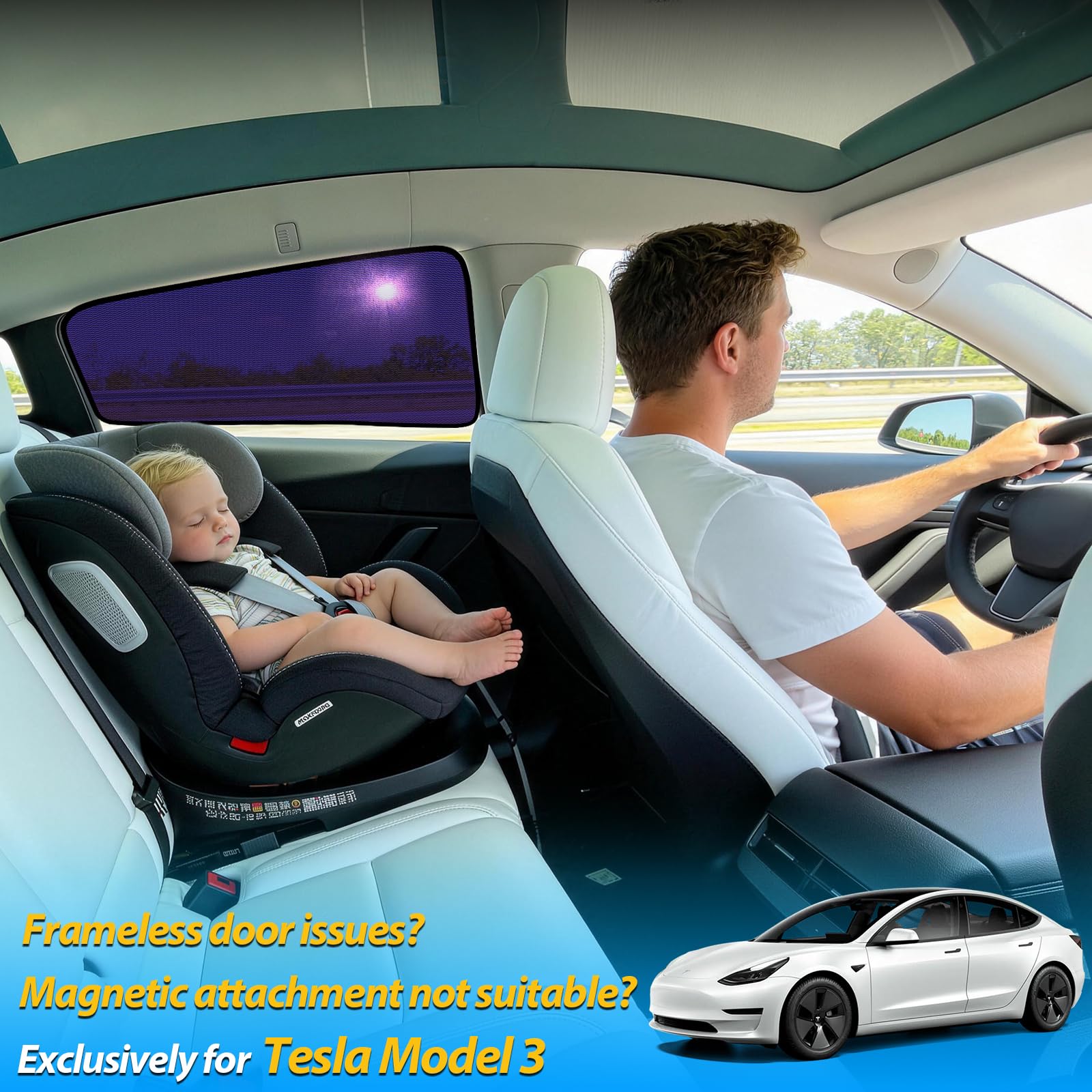 ZATOOTO Lot de 2 pare-soleil pour Tesla Model 3 Highland 2024-2026, montage facile, occultant et brise-vue pour voiture bébé, pare-soleil pour vitre latérale arrière