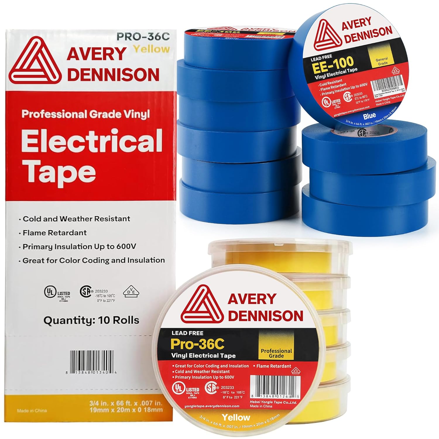 Avery Dennison Electrical Tape, General Use/Professional Grade PVC Electric Tape, UL/CSA Listed Vinyl Tape, 10 Rolls ¾ in x 66 ft Blue(EE-100) + 10 Rolls ¾ in x 66 ft Yellow(Pro-36C)