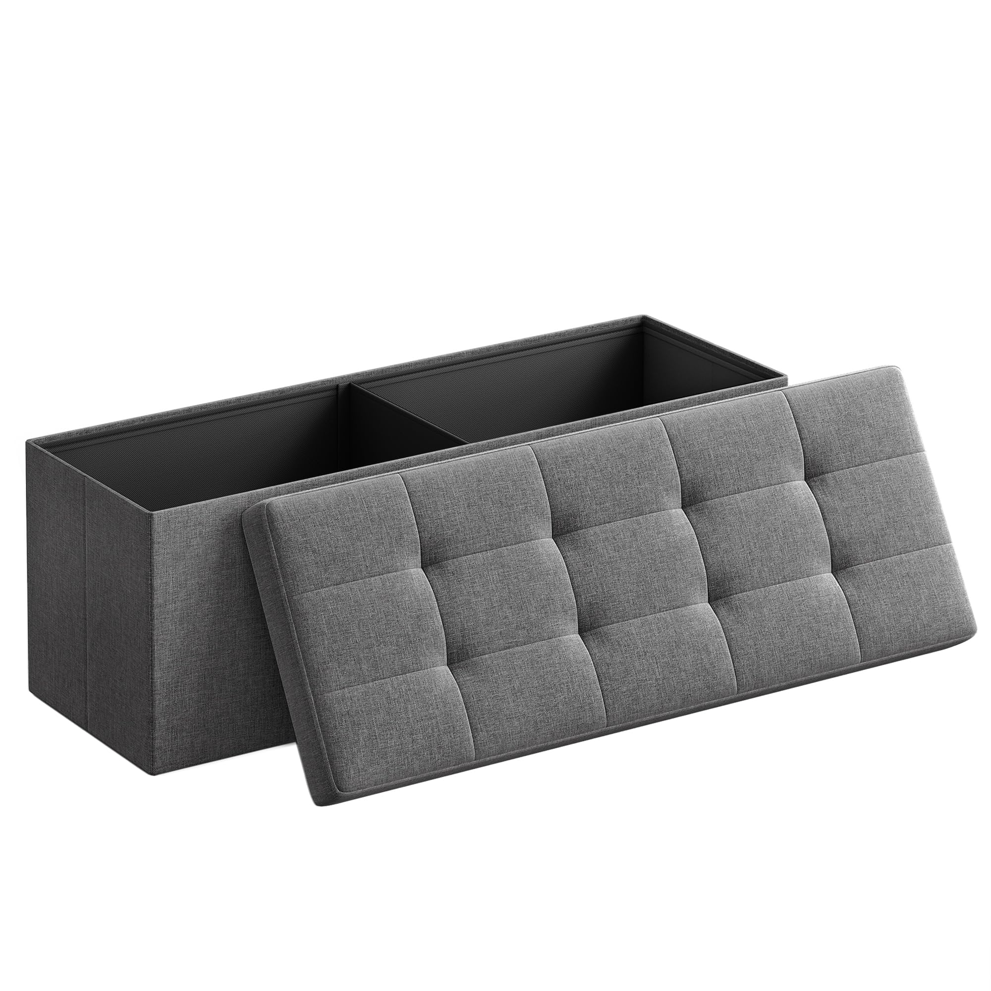 SONGMICS Mazie Colección - Puff Almacenaje, Banco Plegable, 38 x 110 x 38 cm, Taburete Reposapiés, Pie de Cama, Soporta hasta 300 kg, para Sala de Estar, Dormitorio, Entrada, Gris Oscuro LSF77K