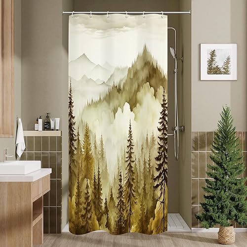 Miniatura 17 de Cortina de ducha azul marino con bosque de pinos brumosos, cortinas de ducha con paisaje de bosque brumoso de montaña, cortinas de ducha para baño