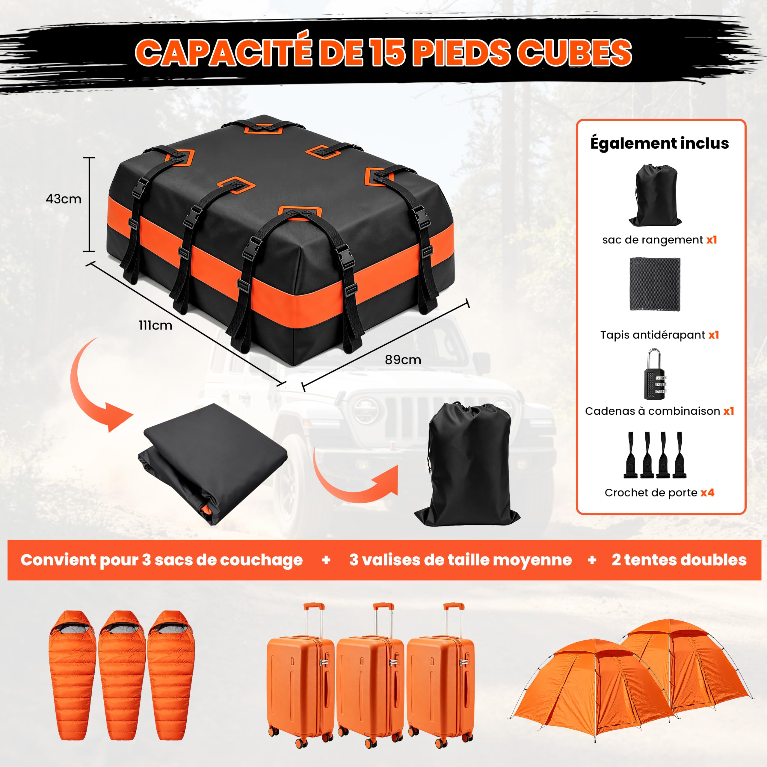 Dachtasche Auto 840D Wasserdicht 15 Kubikfuß (Black/Orange)