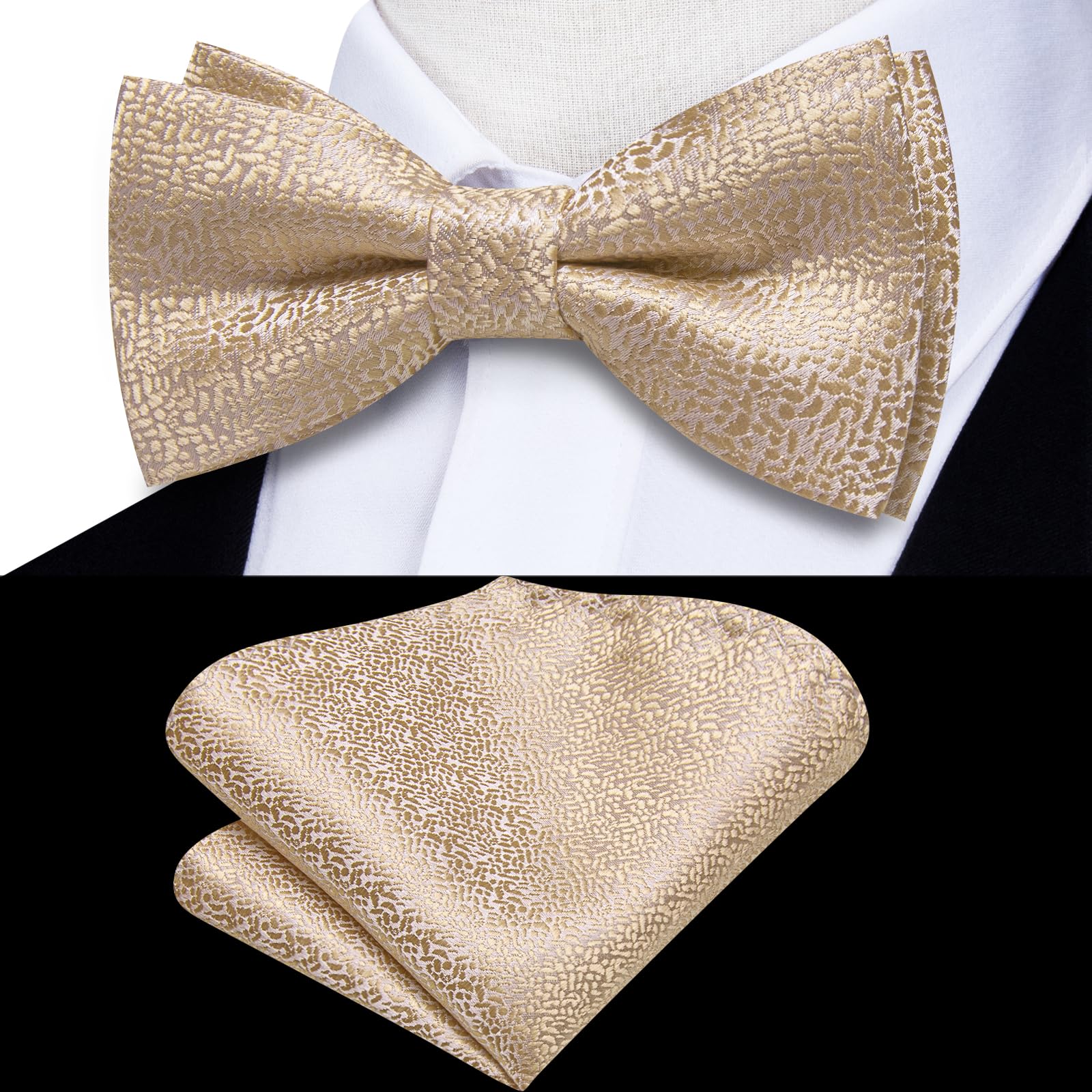 Hi-Tie Boys Beige Bow Ties Pre-Tied Silk Kids Bow Tie Adjustable Boys Bowties with Pocket Square Set for Wedding