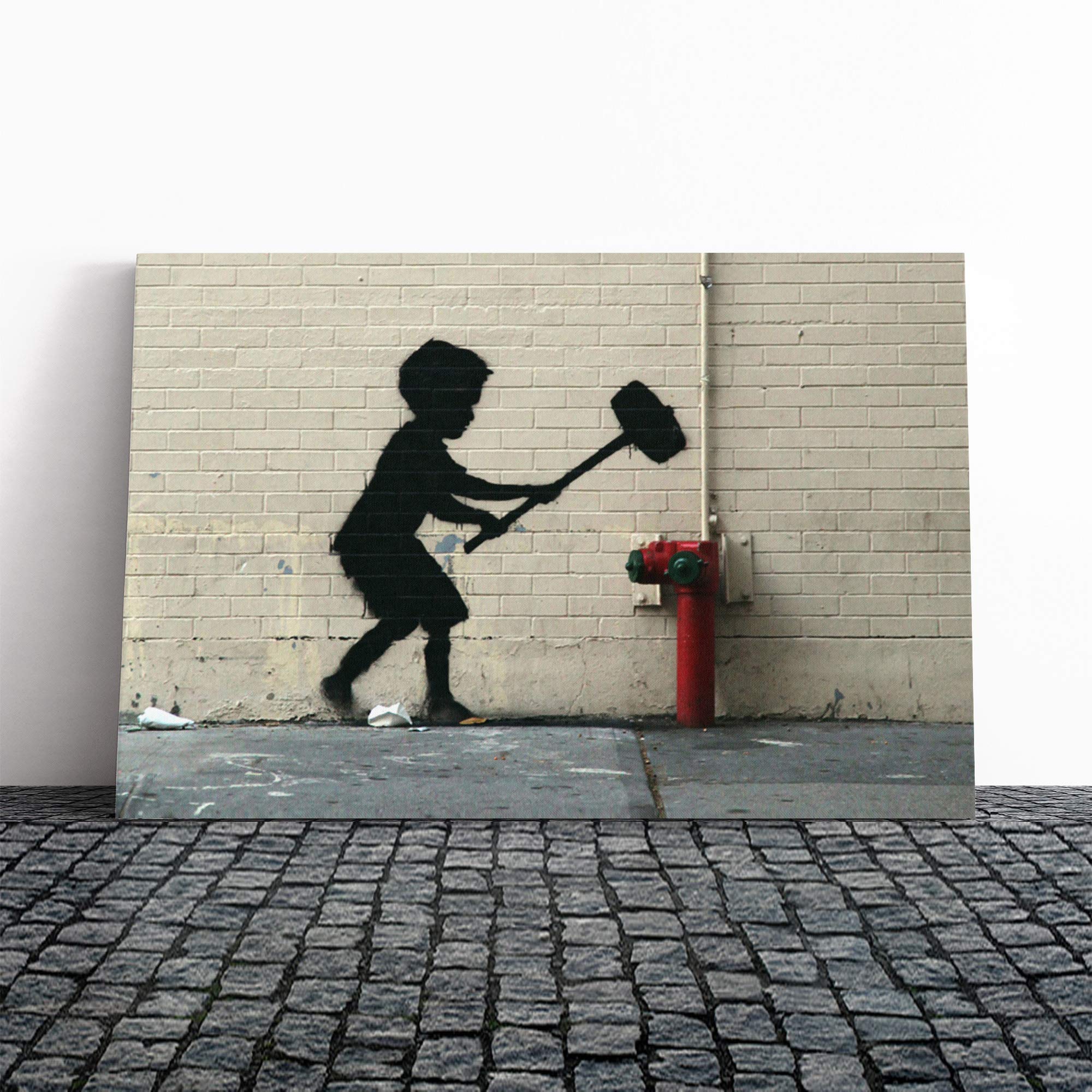 Banksy Fire Hydrant Graffiti Wall Art Canvas Print | Gallery Wrapped 30mm Frame Wall Decor | 20x14 inches | Ready to Hang | Pop Art Picture | Living Room Bedroom Lounge Office