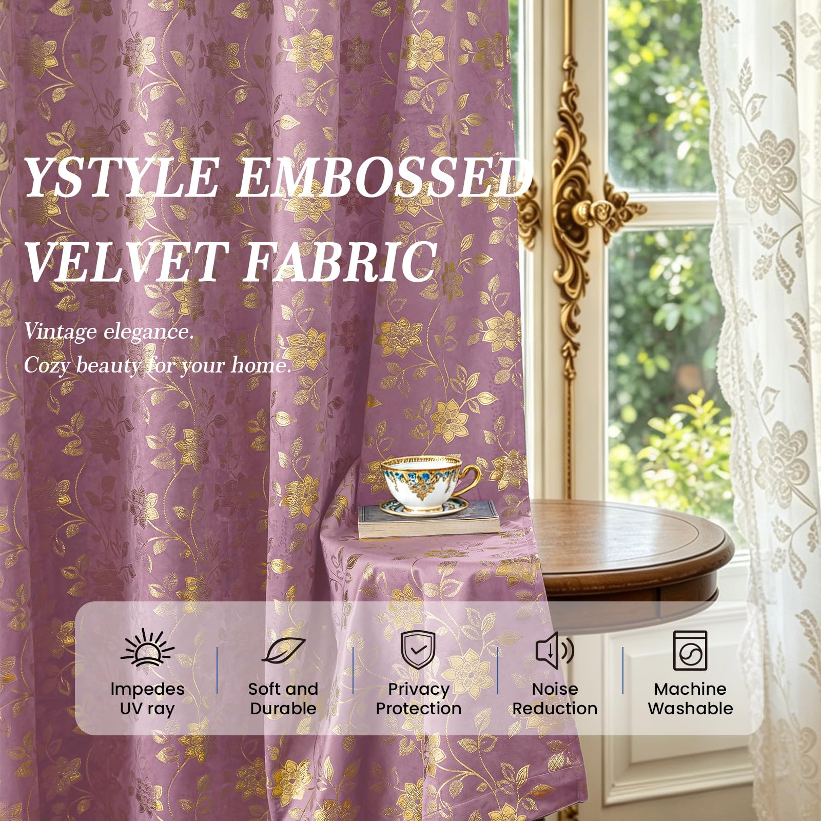 Ystyle Tende Oscuranti per Interni 2 Pezzi, 140x280 CM, Rosa | Tenda Floreale Vintage e Lussuosa, Tende Termiche Isolanti per Interni, Tdeali per Camera da Letto e Soggiorno