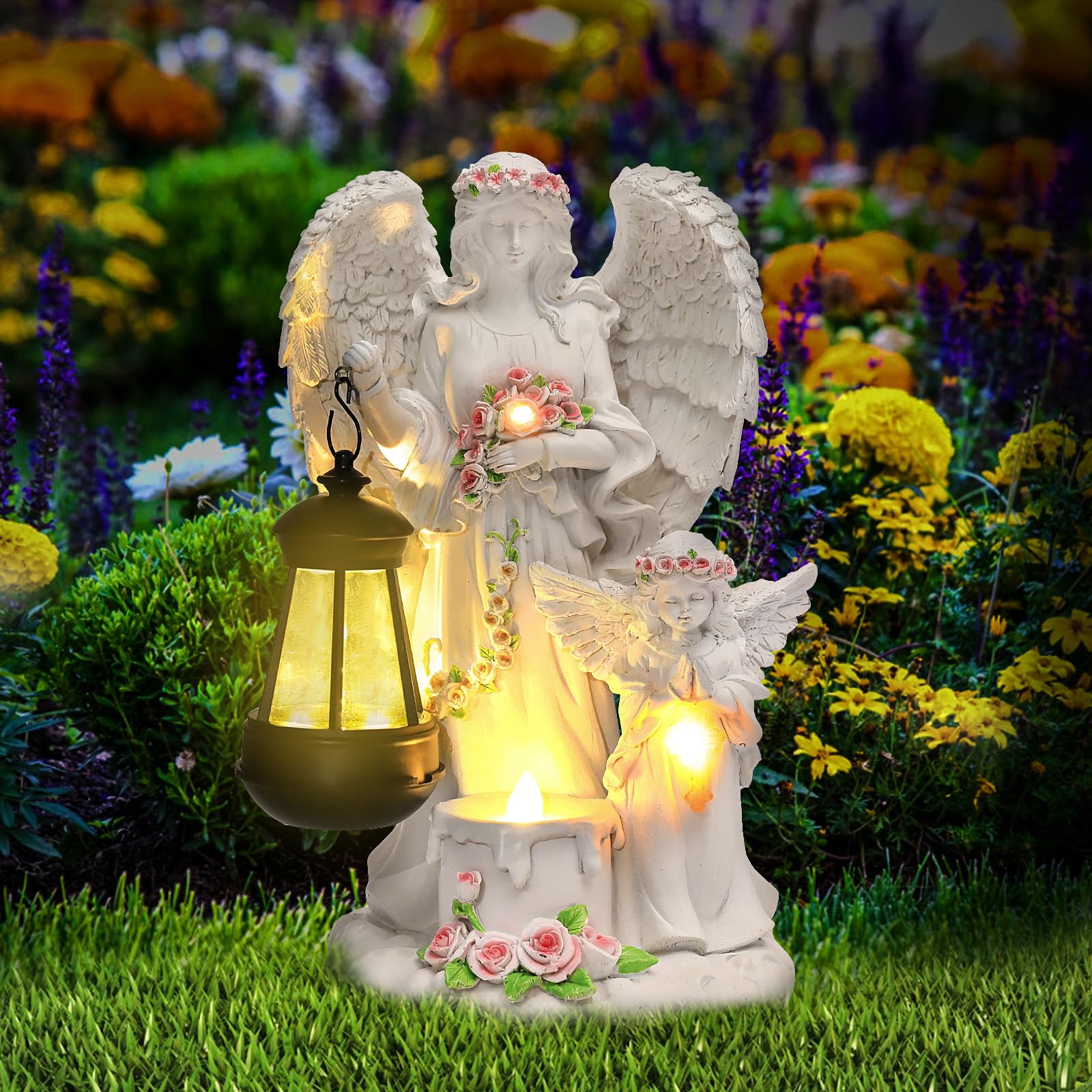 RNPKZ Tuinbeelden op zonne-energie, led-feeën-engelfiguur, graflicht, buitendecoratie, engelsculptuur, gazon, biddende led-beschermengelfiguur, weerbestendig, grafdecoratie voor begraafplaats, outdoor