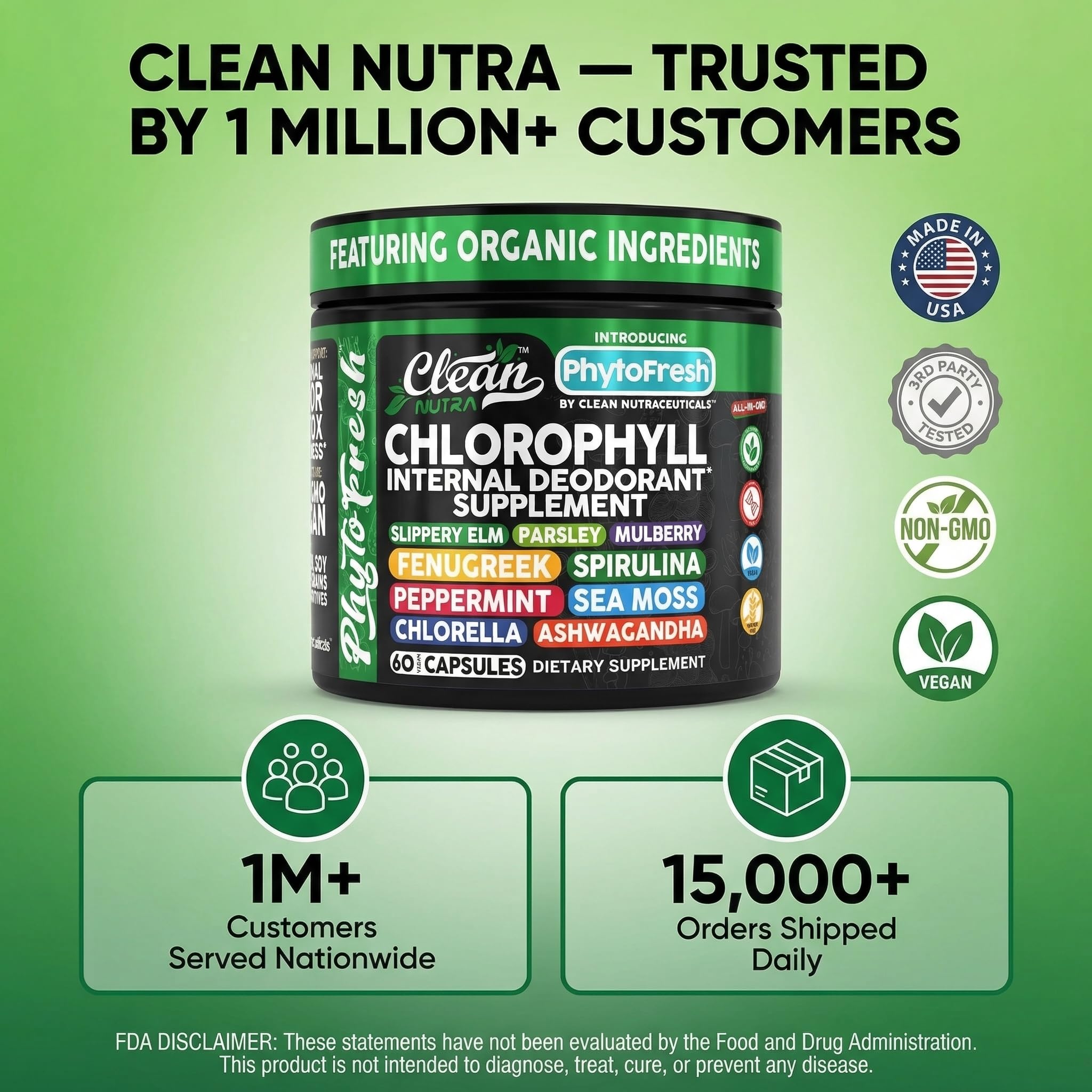 Clean Nutra Chlorophyll Capsules Supplement Internal Deodorant Peppermint, Sea Moss, Parsley, Chlorella, Spirulina, Slippery Elm, Ashwagandha, PhytoFresh Greens Detox Pills