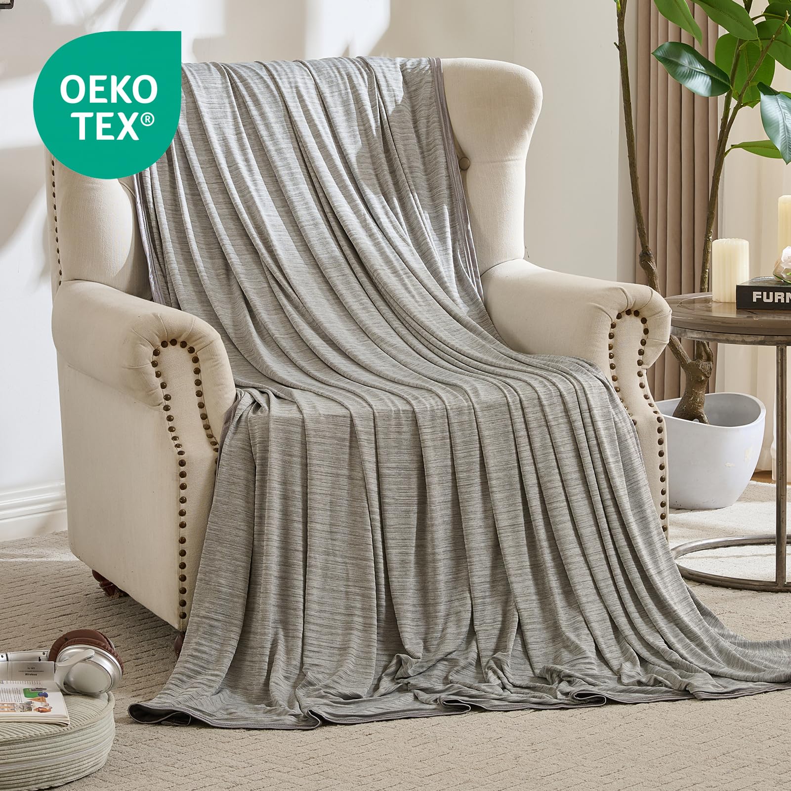 VK·LIVING Kühldecke Sommer Doppelseitig, Japanische Arc-Chill 3.0 Kühlfasern Decke für Bett Sofa Couch Reise Camping, Leichte Atmungsaktive Selbstkühlende Decke für Erwachsene Kinder, 150X200CM Grau
