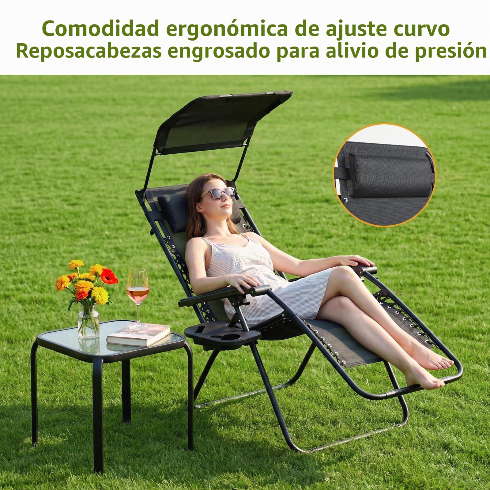 VOWNER Pack de 2 Sillas de Gravedad Cero Plegables, Tumbona de Jardín con Parasol Ajustable y Posavasos, Sillón Relax para Balcón, Terraza, Camping, Playa