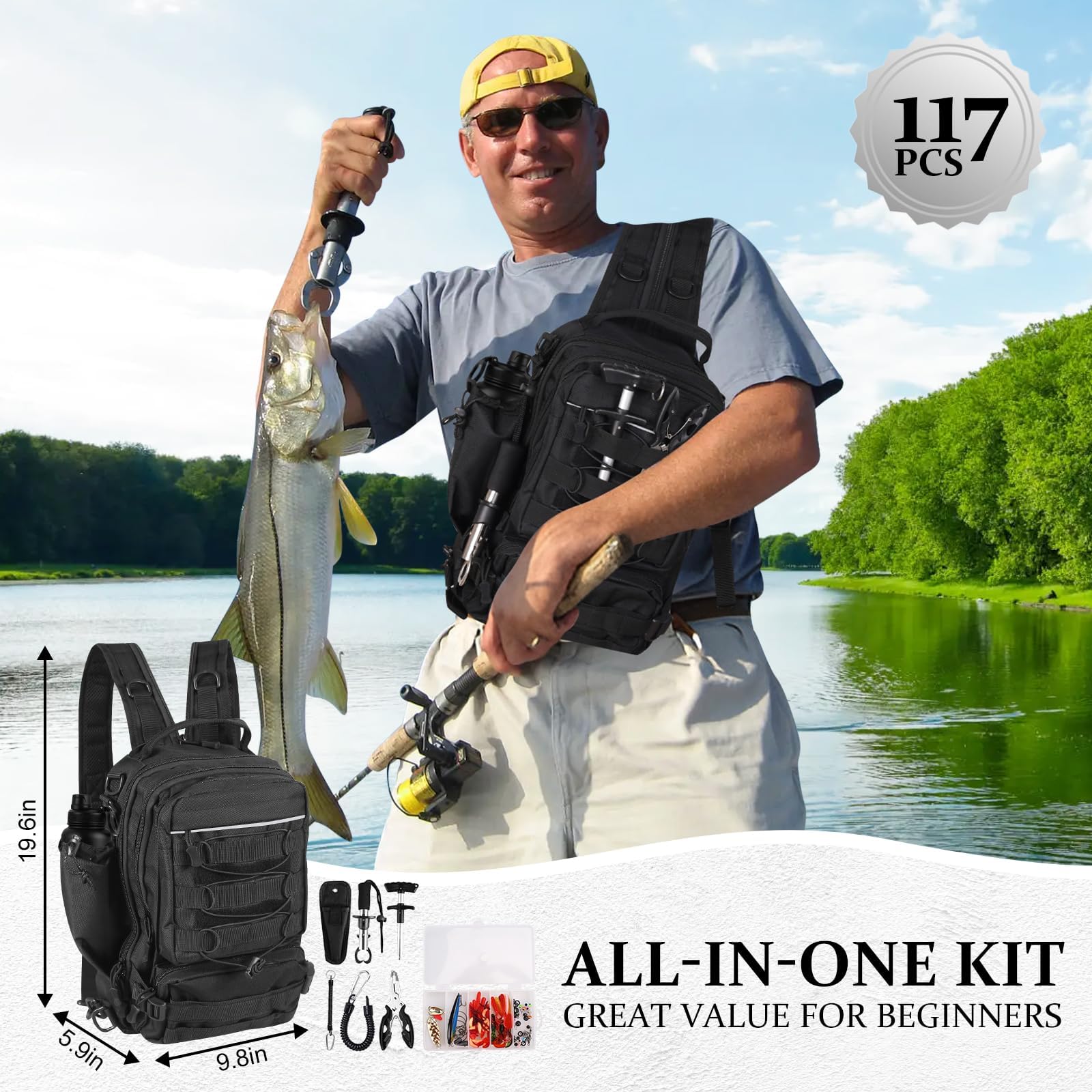 117-Teiliges Angeltaschen Set, Wasserdichter Angelrucksack mit Angelköder Set, Angelwerkzeug-Set mit Angelzangen, Fischhakenentferner und Lip Gripper, Angelset Komplett für Süßwasser Salzwasser