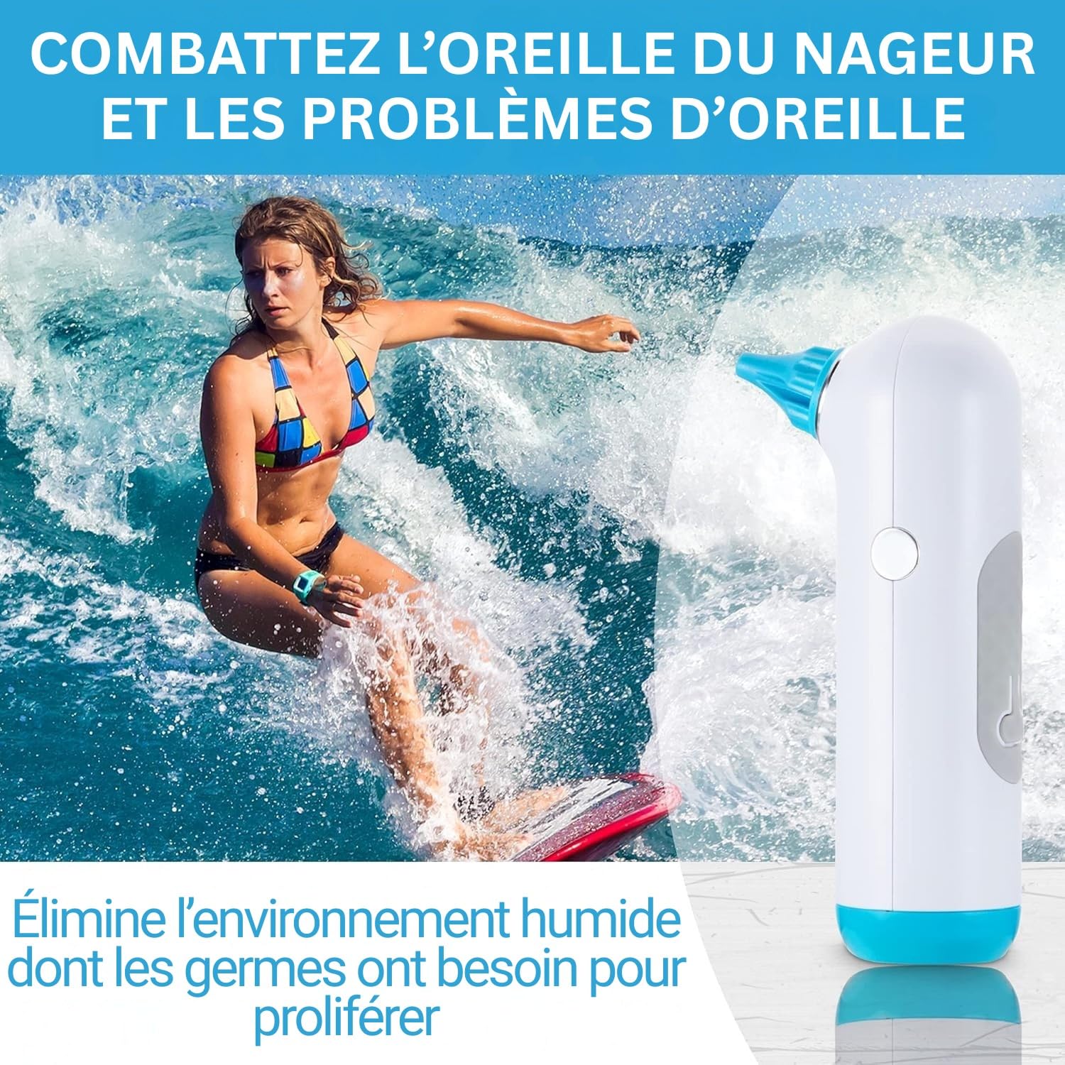 Tilcare Sèche-Oreilles Électrique Rechargeable pour Natation, Douche et Aides Auditives avec 3 Embouts et Pochette