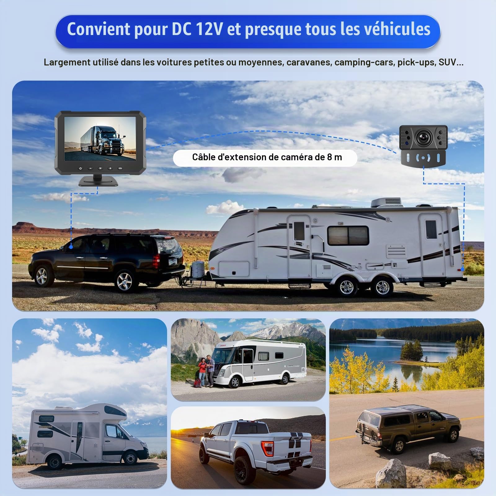 OiLiehu Kit Caméra de recul Filaire Système, Moniteur HD 1080P de 5 Pouces pour Camera Voiture, Caméra de Vision Nocturne Étanche IP68, avec Câble d'extension de 26,2 Pieds, Ligne Auxiliaire Inversée