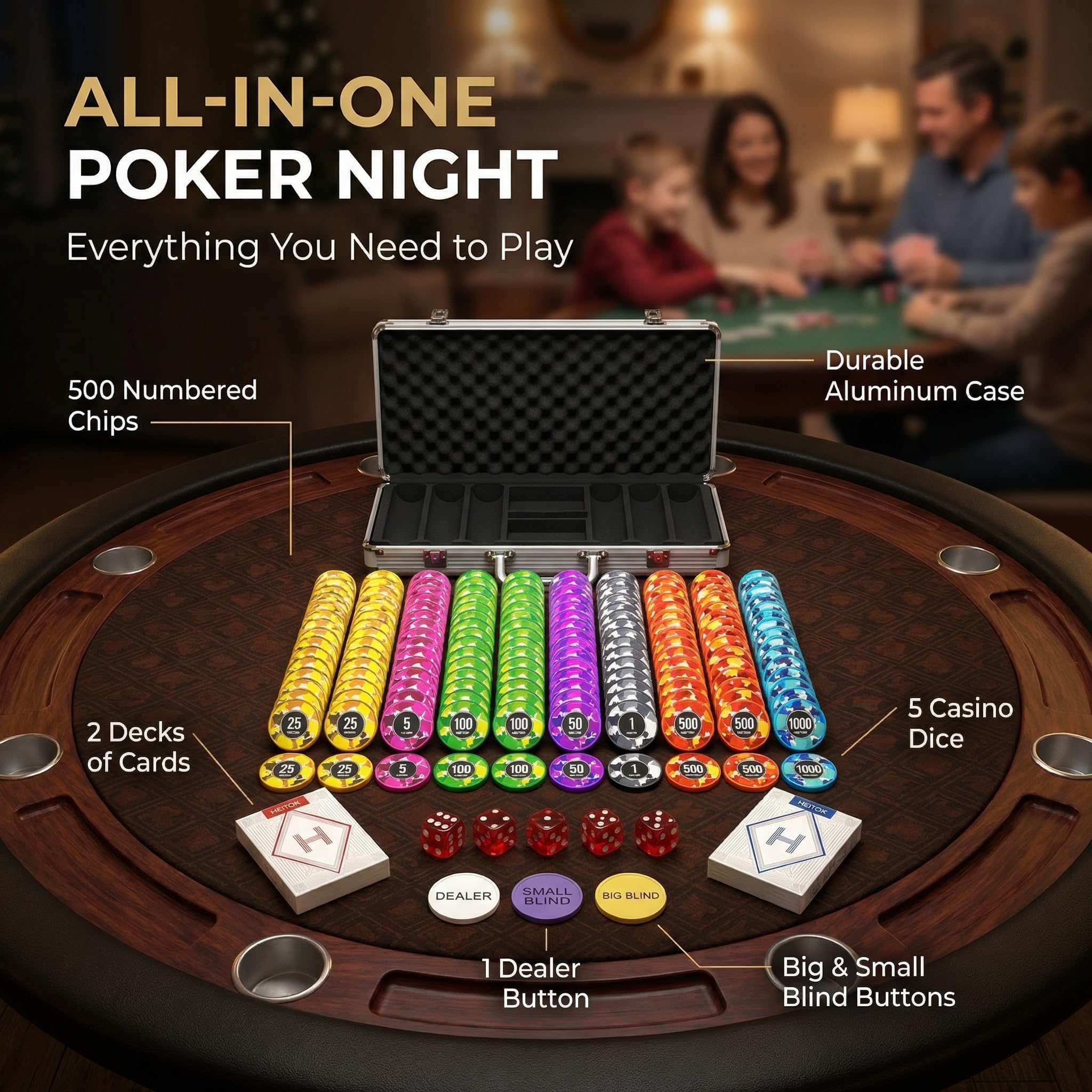 HEITOK Pokerkoffer 500 Chips 11.5g Eisenkern ohne Nennwert Texas Holdem Set | 2-10 Spieler, eigene Einsätze frei definieren, Blackjack, Karten, Würfel, Dealer und Small/Big Blind Buttons, Pokerrunden