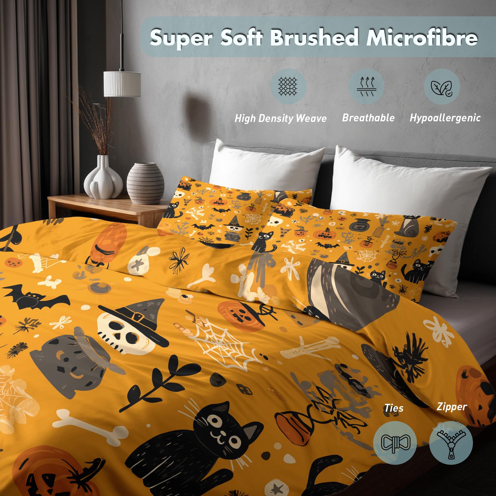 Generisch Bettwäsche 200x200 Kinder Halloween Design, 3teilig - Orange Totenkopf Kürbis Bettbezug und 2 Kissenbezug 80x80, Wendebettwäsche, Schlafzimmer Deko, Mikrofaser, mit Reißverschluss (K-19P)