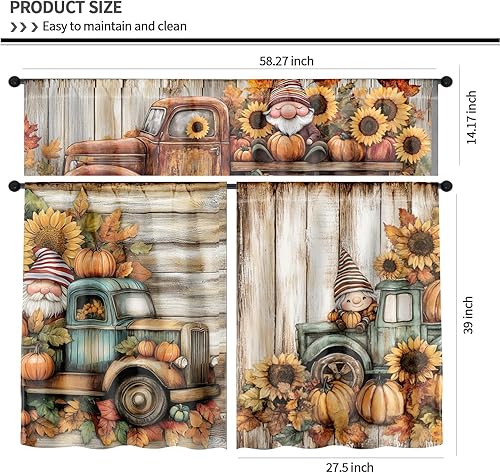 Miniatura 4 de Juego de cortinas de cocina de calabaza de 3 piezas, cenefa y niveles con bolsillo para barra, 58 pulgadas de ancho x 14 pulgadas de alto + 28