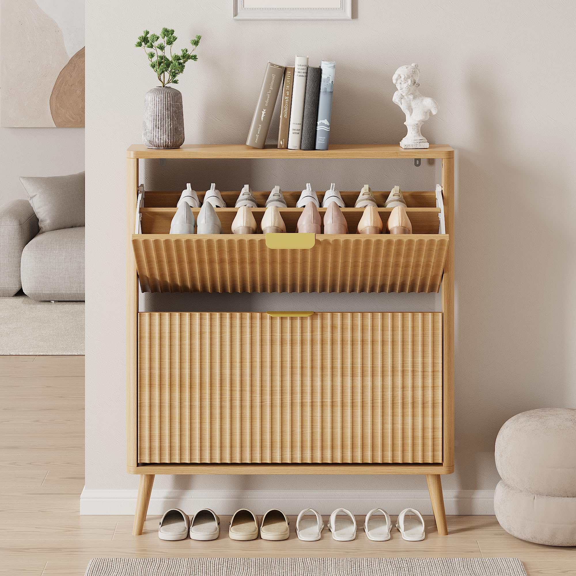 Schuhschrank, Schuhkipper mit 2 Klappen, Schuhregal Schmal, versteckte Schuhaufbewahrung, Schuhschrank Holz für Eingangsbereich, Flur (Natürliche Farbe)